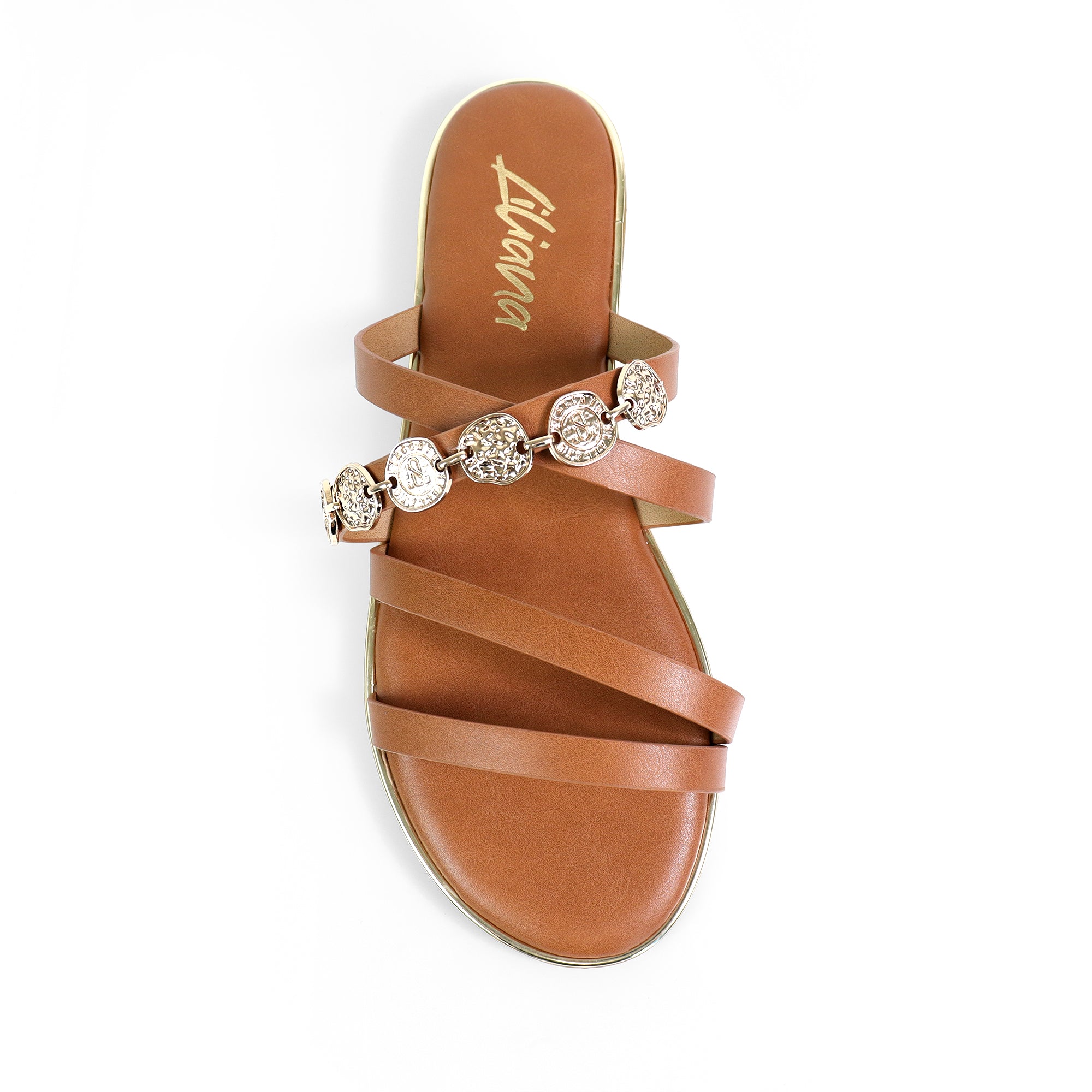AMRIT-2 COIN STRASP SLIDE SANDALS TAN