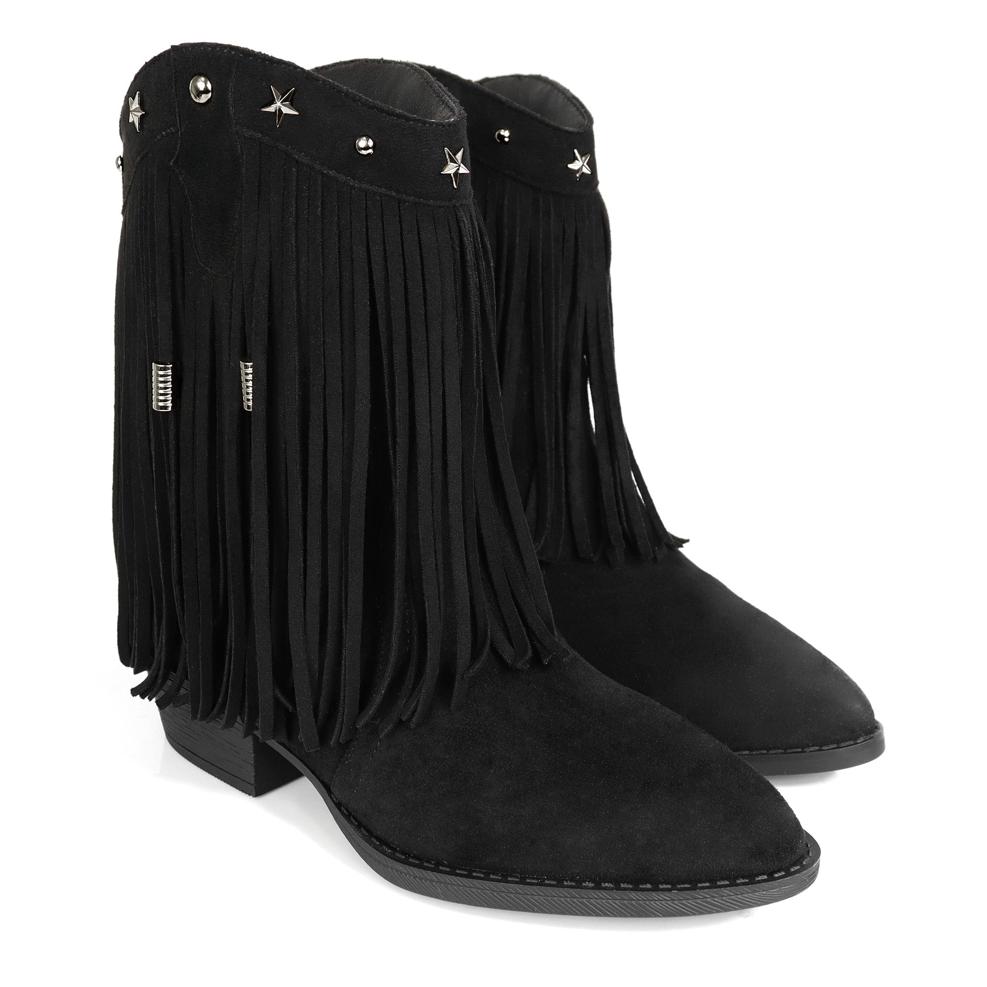 ANASTASIA-1 FRINGE WESYERN ANKLE BOOTS BLACK