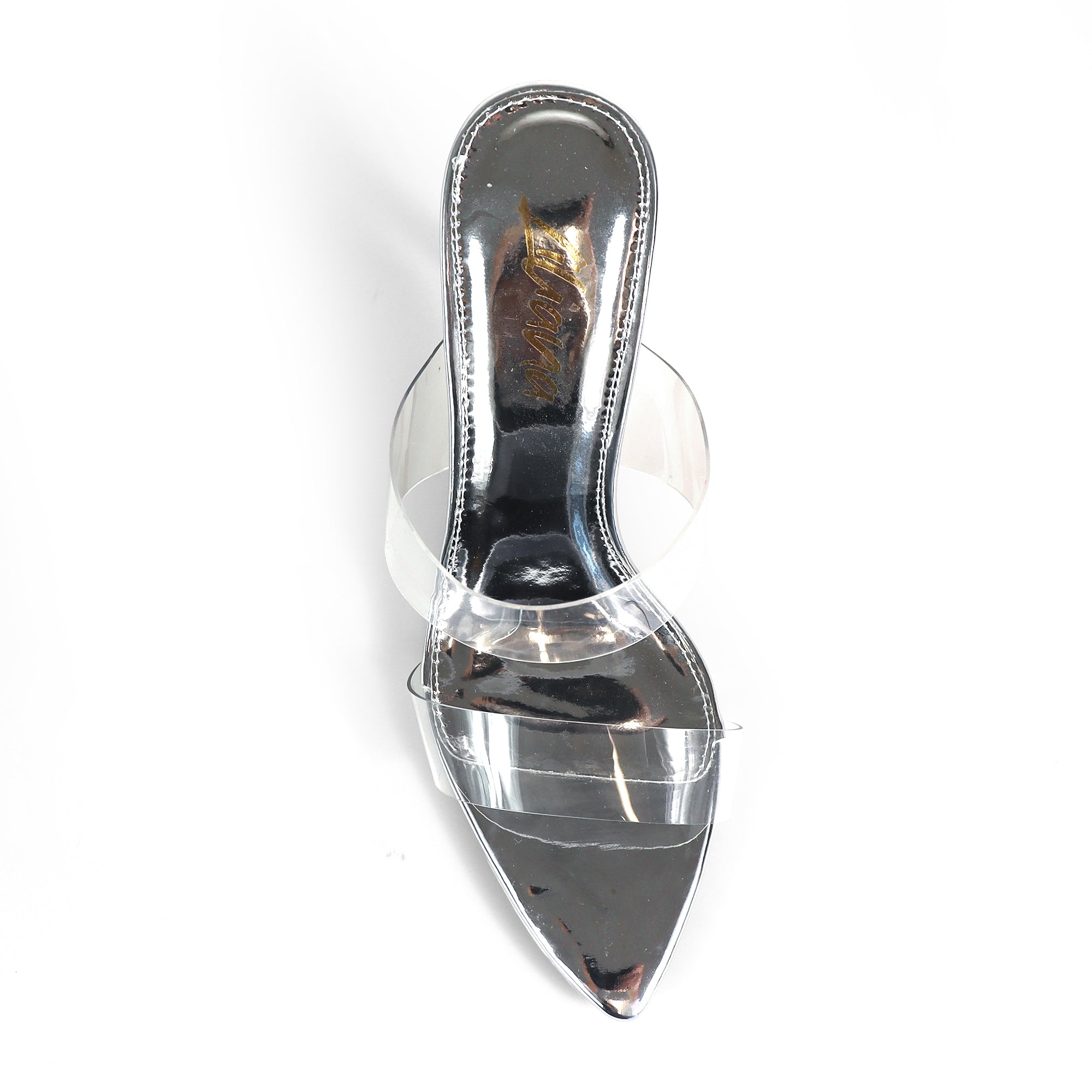 CAMELIA-8 POINTED TOE TRANSPARENT DUO MULES W/ ELEGANT HEEL RED SILVER
