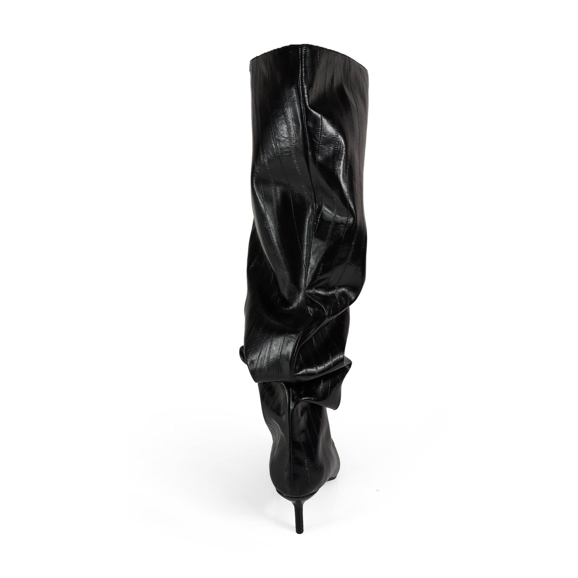 CHRISTIE-1 POINTED TOE SLOUCH KNEE HIGH BOOTS BLACK CROC