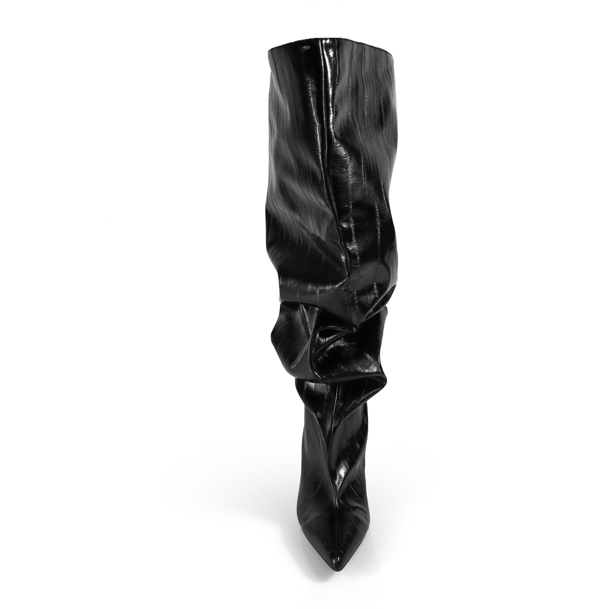 CHRISTIE-1 POINTED TOE SLOUCH KNEE HIGH BOOTS BLACK CROC