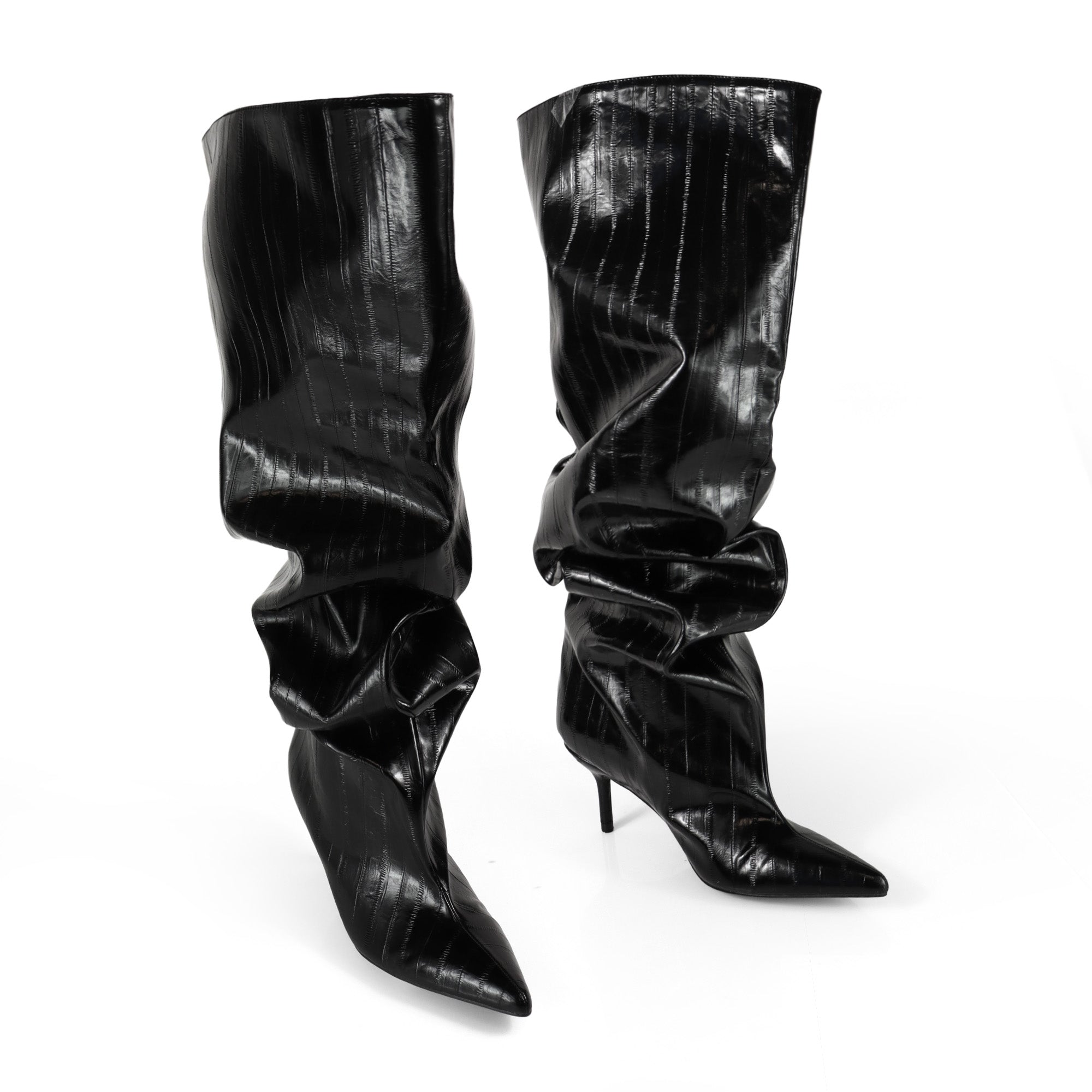 CHRISTIE-1 POINTED TOE SLOUCH KNEE HIGH BOOTS BLACK CROC