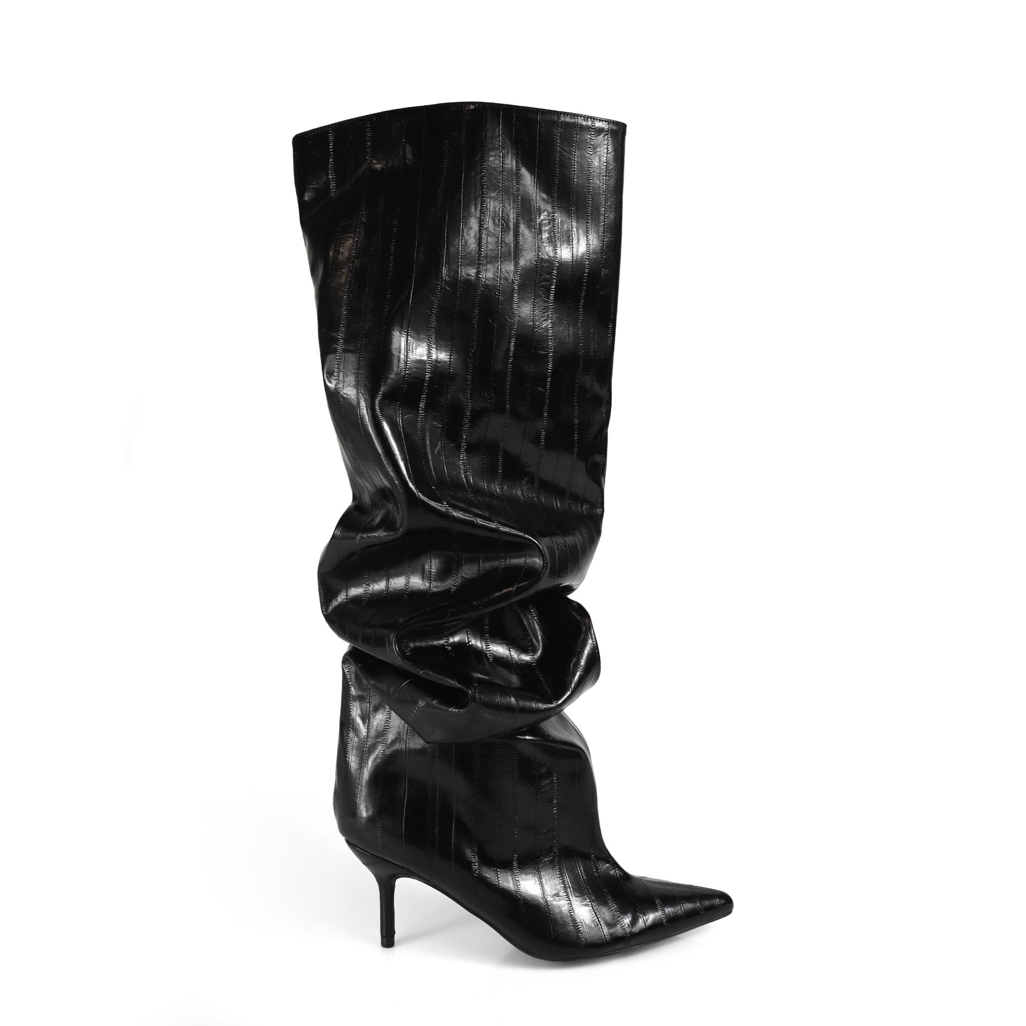CHRISTIE-1 POINTED TOE SLOUCH KNEE HIGH BOOTS BLACK CROC