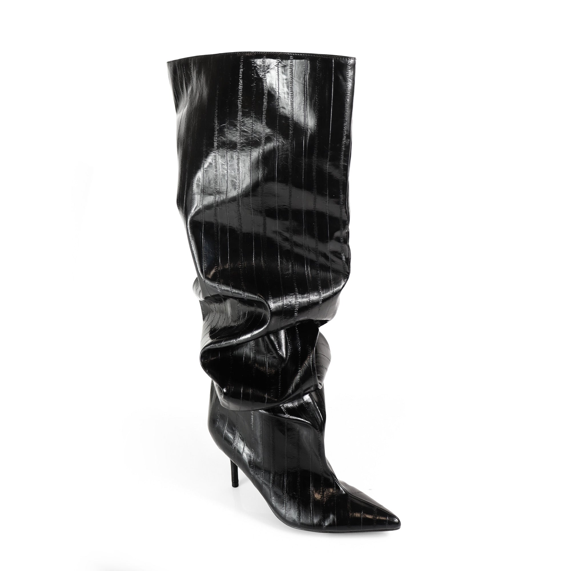 CHRISTIE-1 POINTED TOE SLOUCH KNEE HIGH BOOTS BLACK CROC