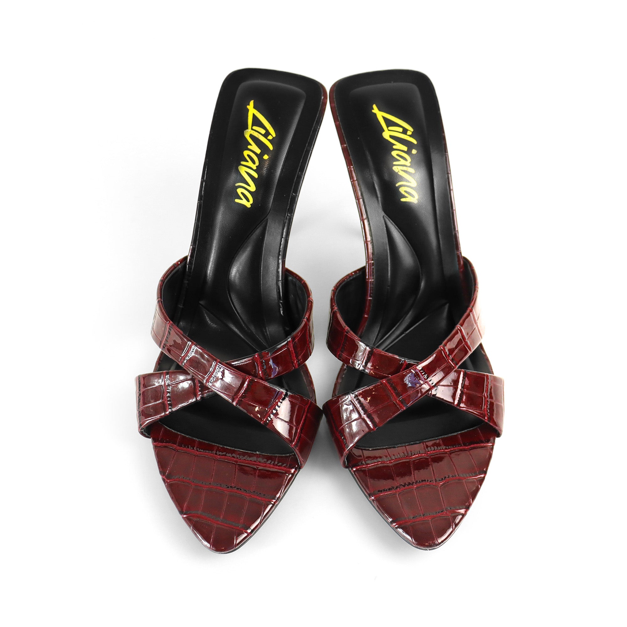 CYNTHIA-8 POINTY TOE CRISS-CROSS MULE HEEL BURGUNDY CROC