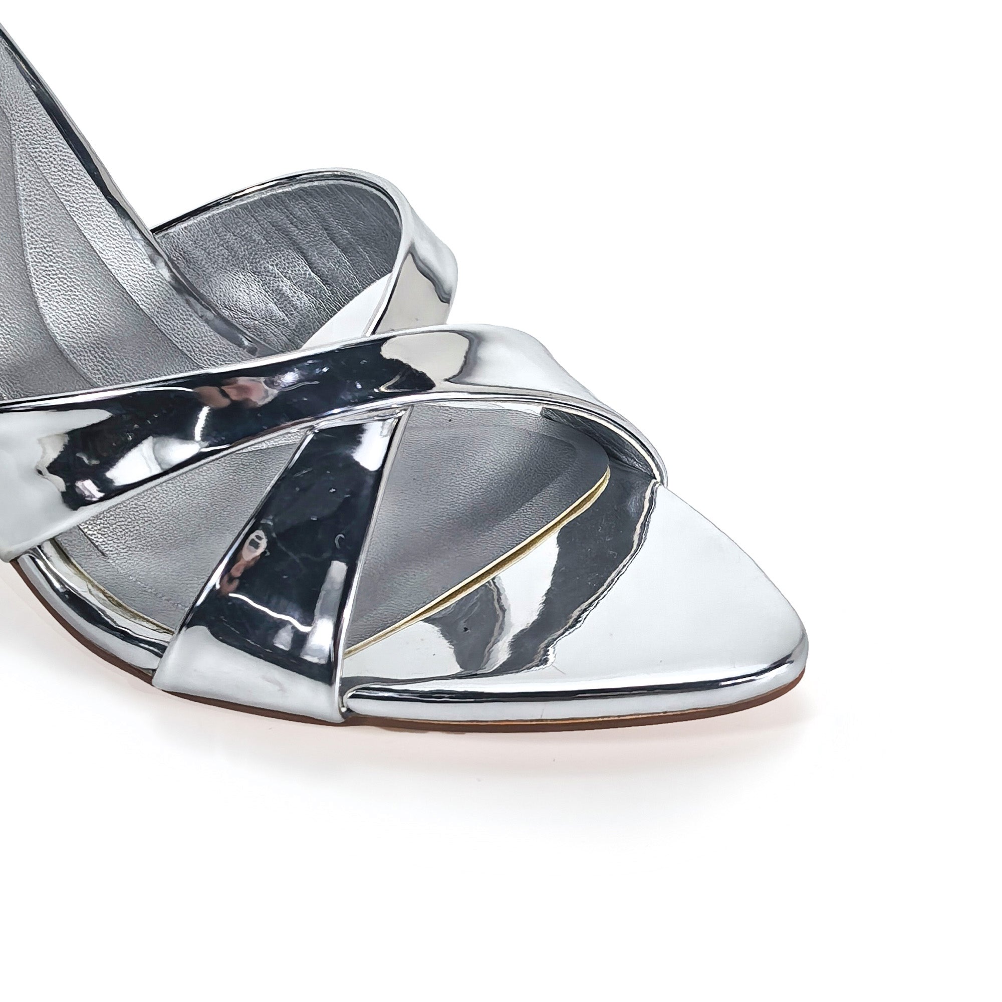 CYNTHIA-8 POINTY TOE CRISS-CROSS MULE HEEL SILVER