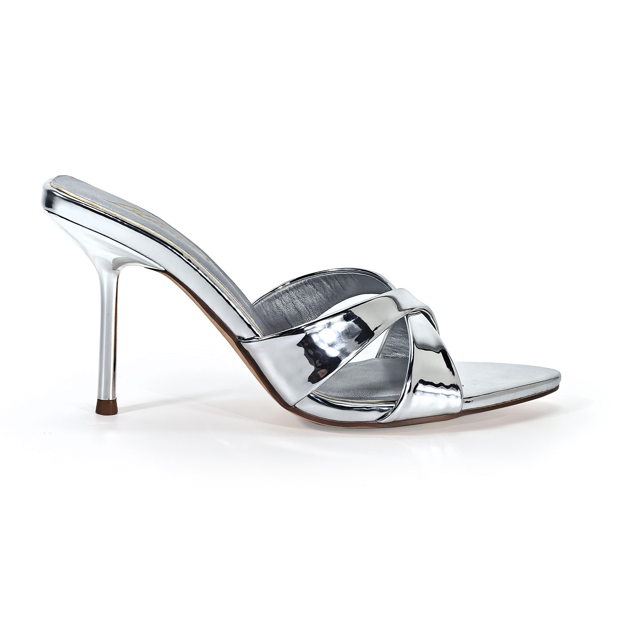 CYNTHIA-8 POINTY TOE CRISS-CROSS MULE HEEL SILVER