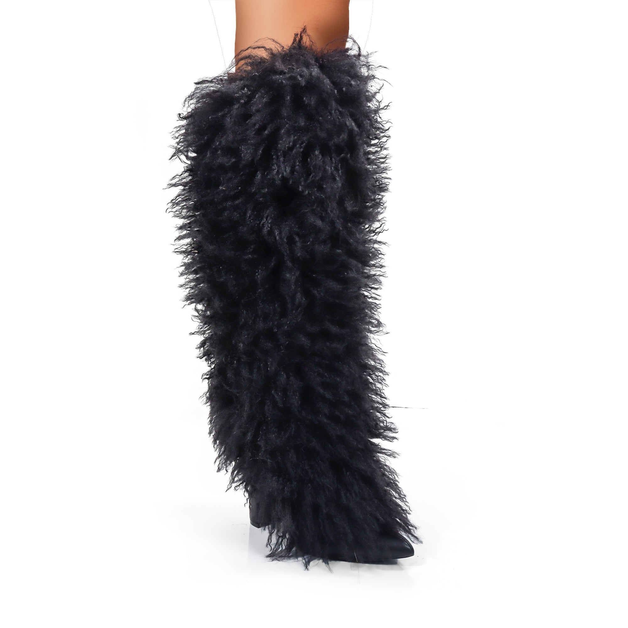 FANCY-1 POINTED TOE KNEE HIGH FUR BOOTS W/ CHUNCKY HEEL, BLACK