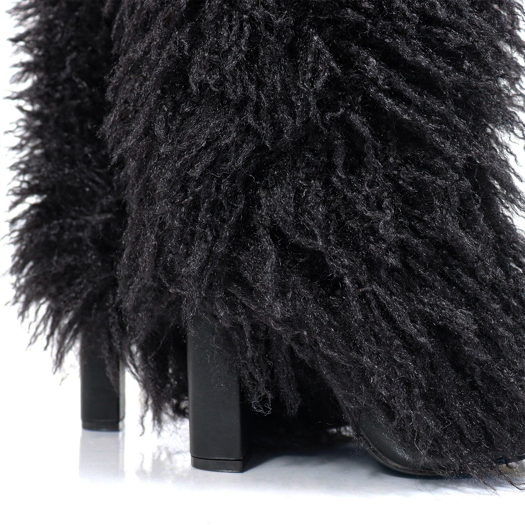 FANCY-1 POINTED TOE KNEE HIGH FUR BOOTS W/ CHUNCKY HEEL, BLACK