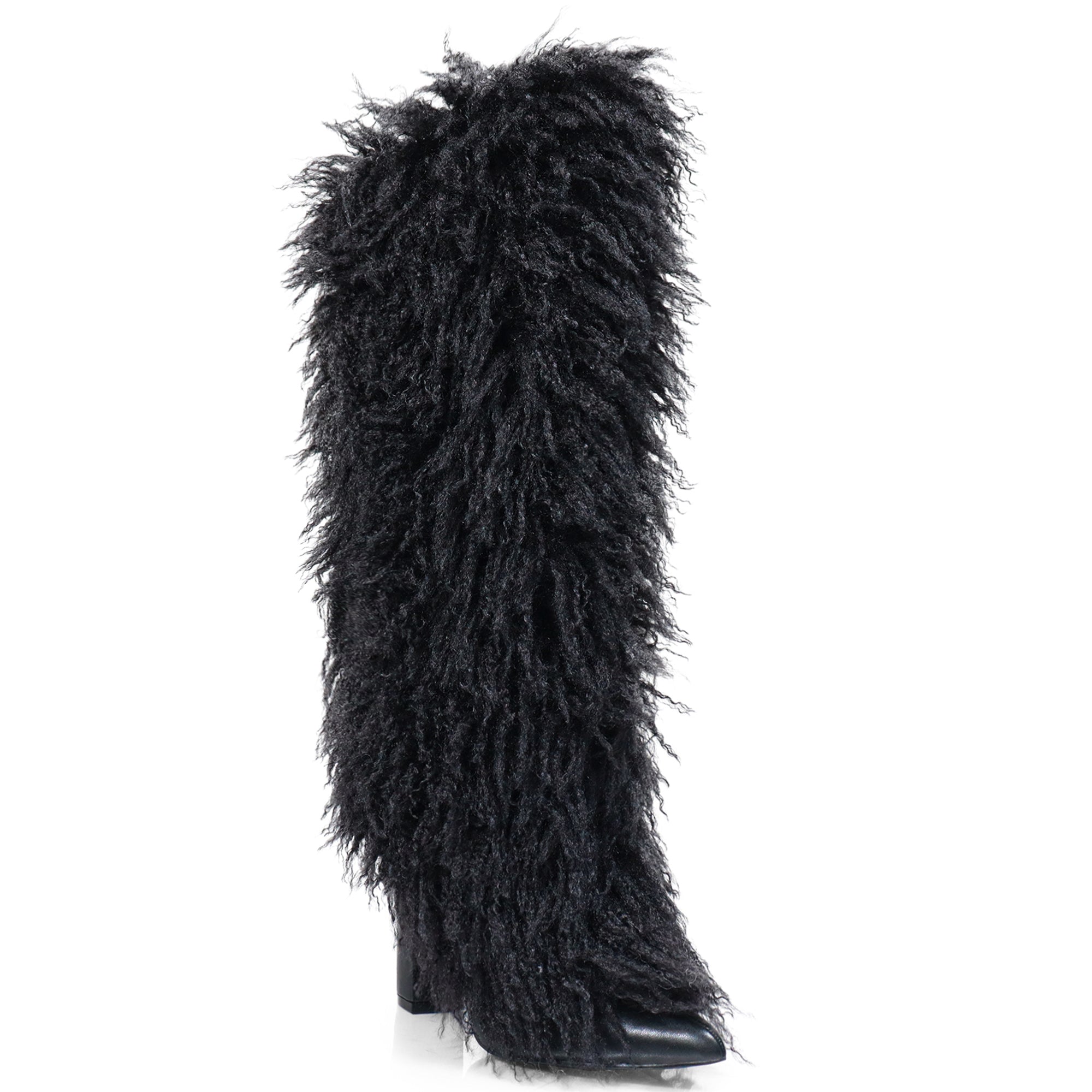 FANCY-1 POINTED TOE KNEE HIGH FUR BOOTS W/ CHUNCKY HEEL, BLACK