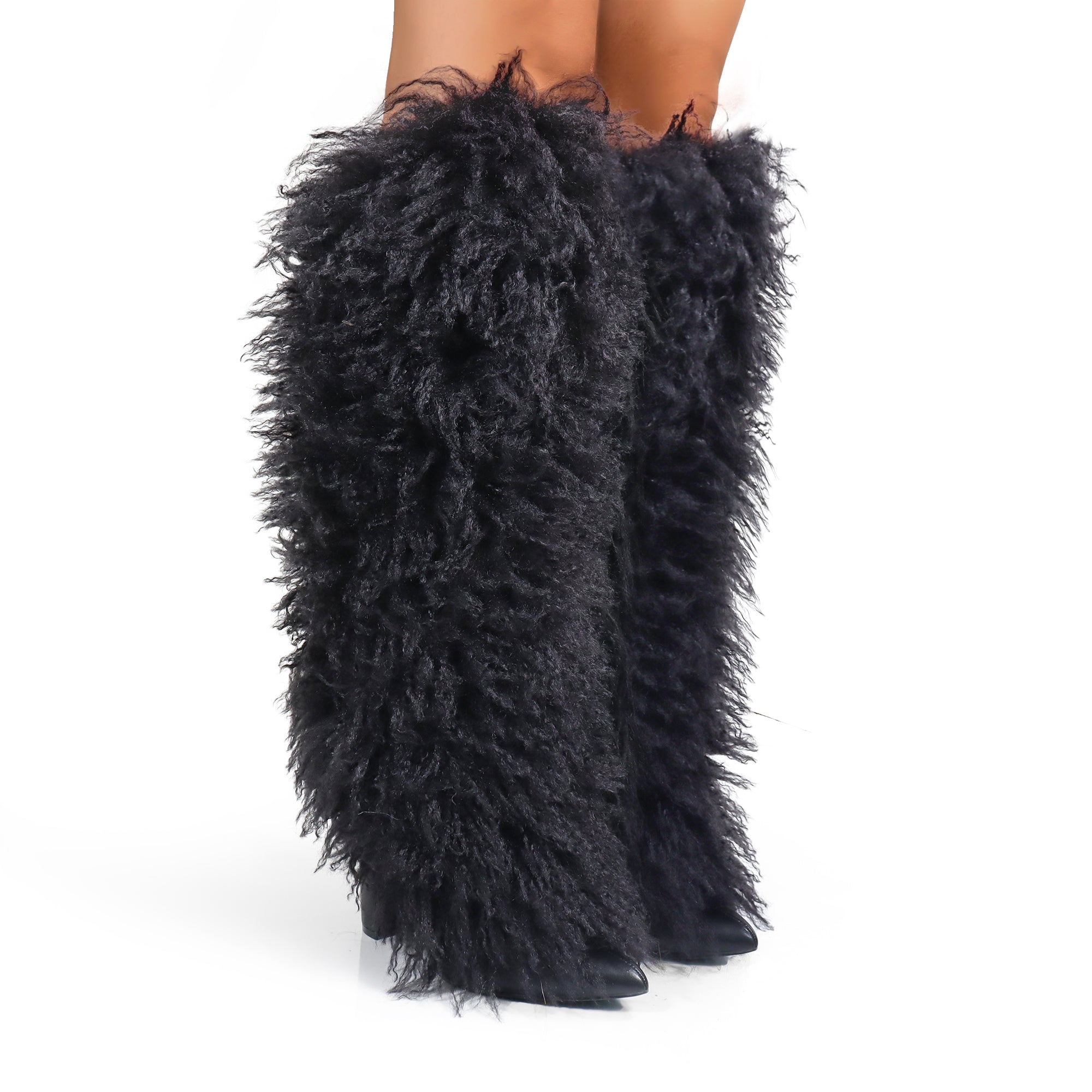 FANCY-1 POINTED TOE KNEE HIGH FUR BOOTS W/ CHUNCKY HEEL, BLACK