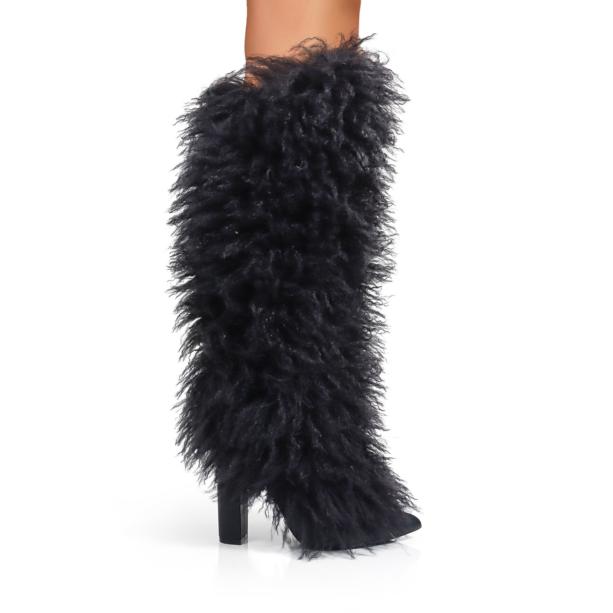 FANCY-1 POINTED TOE KNEE HIGH FUR BOOTS W/ CHUNCKY HEEL, BLACK