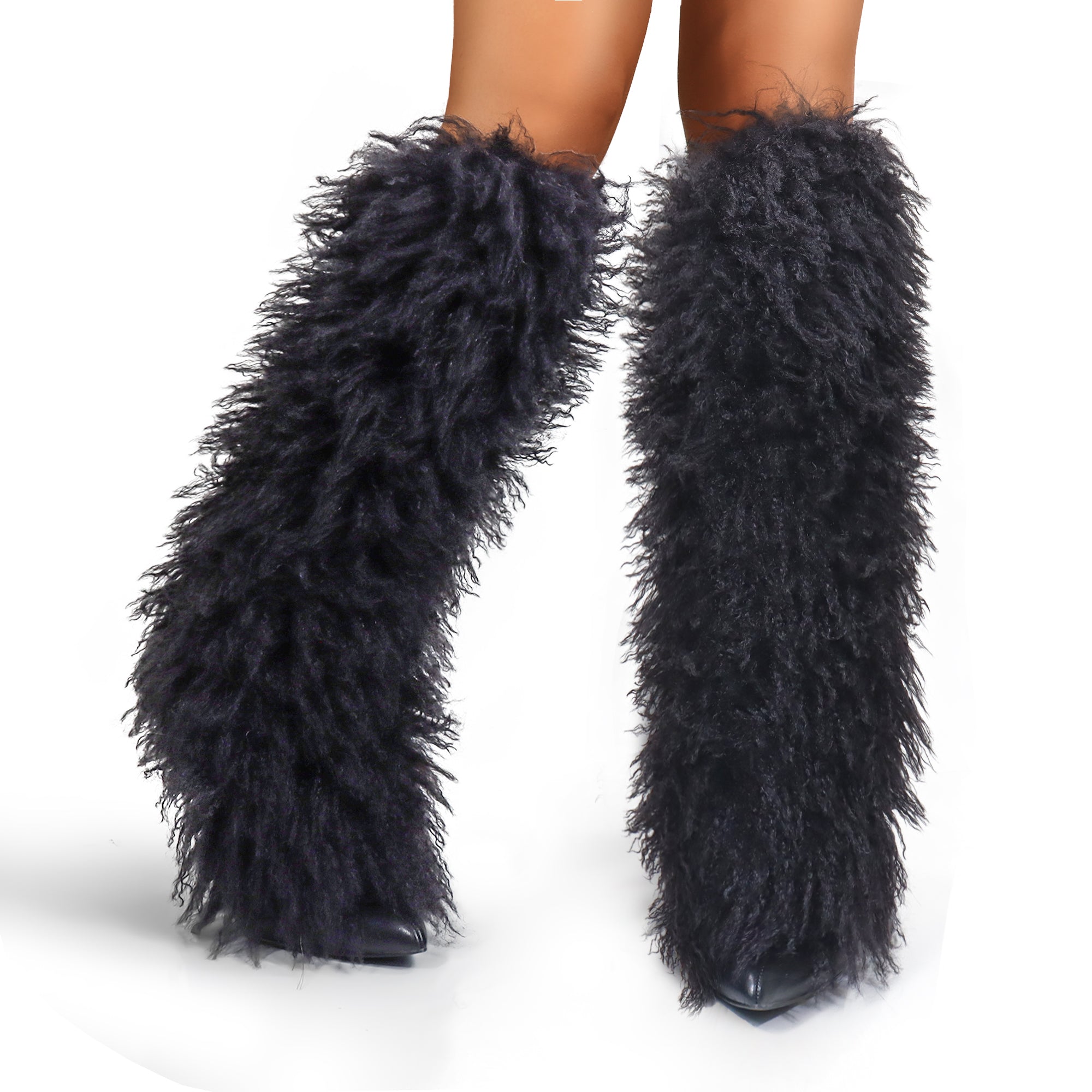 FANCY-1 POINTED TOE KNEE HIGH FUR BOOTS W/ CHUNCKY HEEL, BLACK