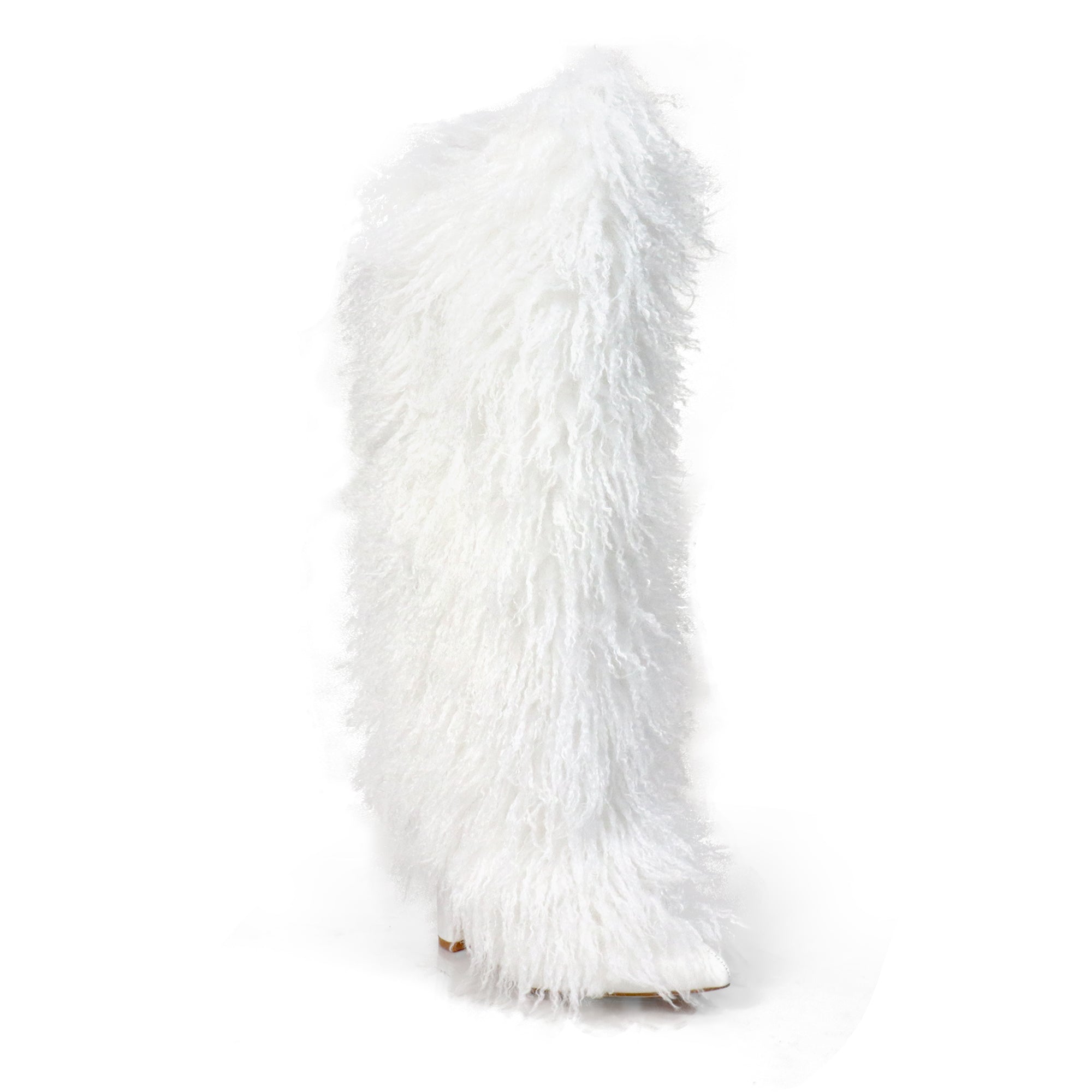 FANCY-1 POINTED TOE KNEE HIGH FUR BOOTS W/ CHUNCKY HEEL, WHITE