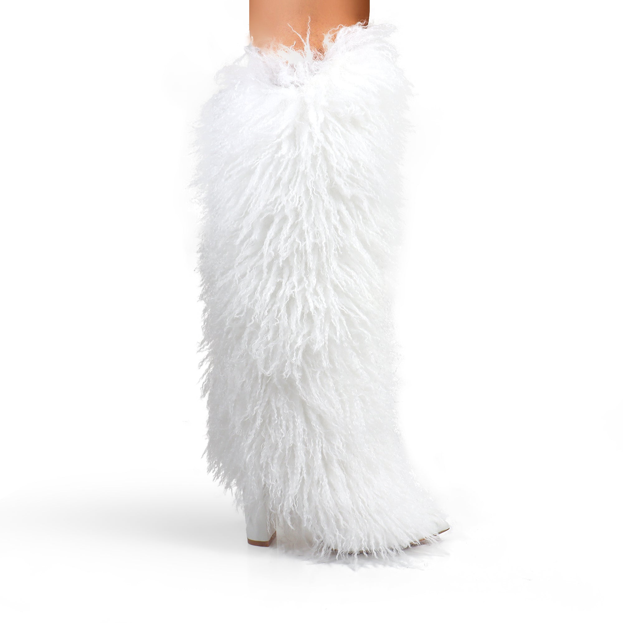 FANCY-1 POINTED TOE KNEE HIGH FUR BOOTS W/ CHUNCKY HEEL, WHITE