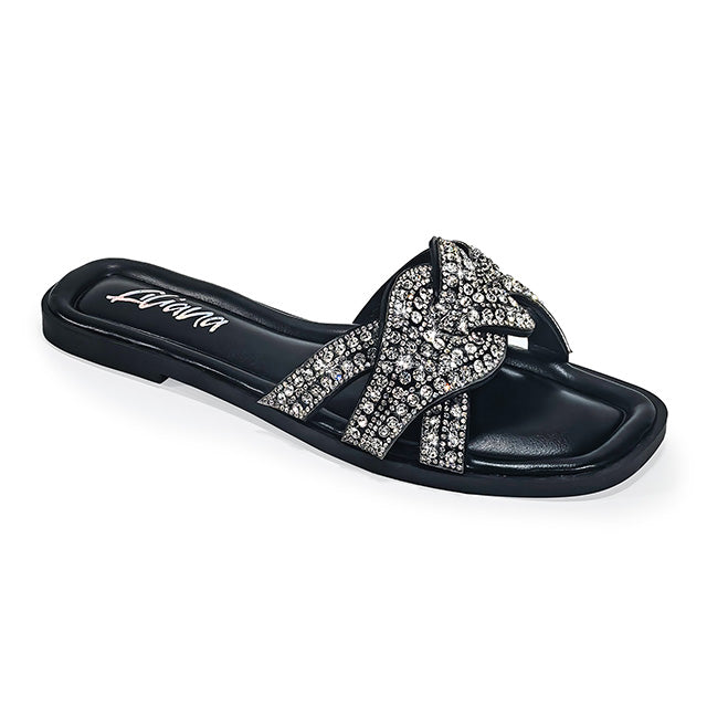HOLY-13 RHINESTON FLAT SANDAL WITH INSOLE BLACK