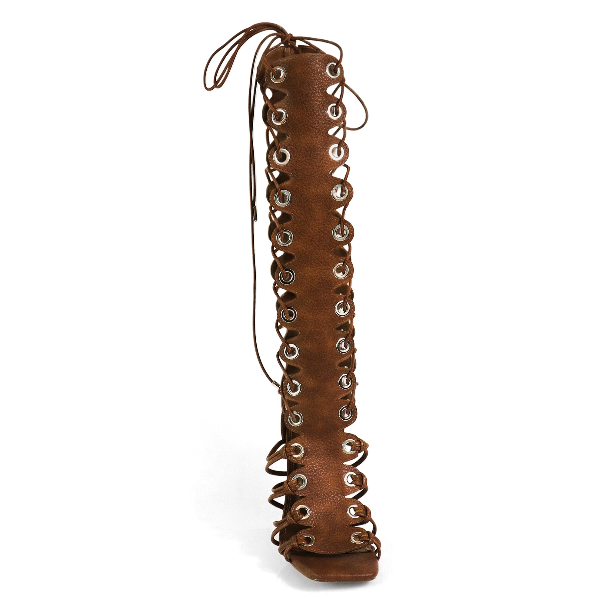 HUGO-60 STRAPPY WRAP UP GLADIATOR HEELS BURNISH BROWN