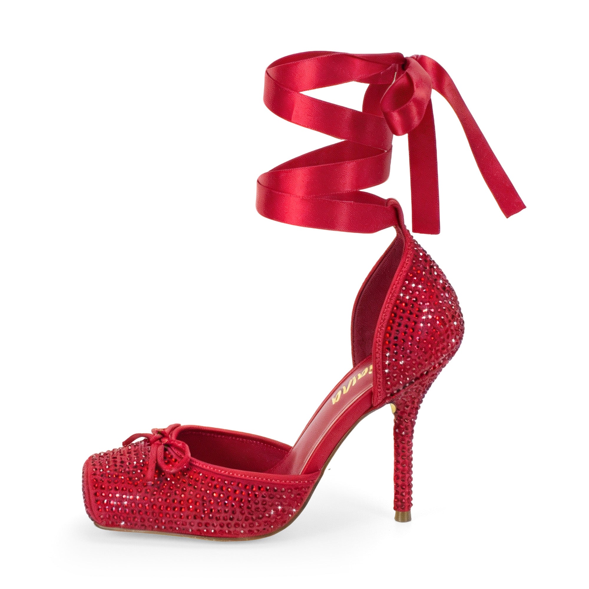 ITZA-7 RHINESTONE PUMP LACE UP W/ STILETTO HEEL RED