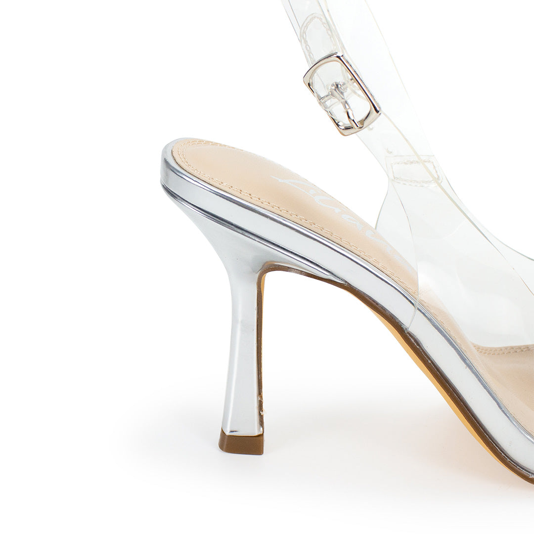 JOCELYN-36 POINTED TOE PATENT SLINGBACK PUMP W/ HIGH HEEL SILVER