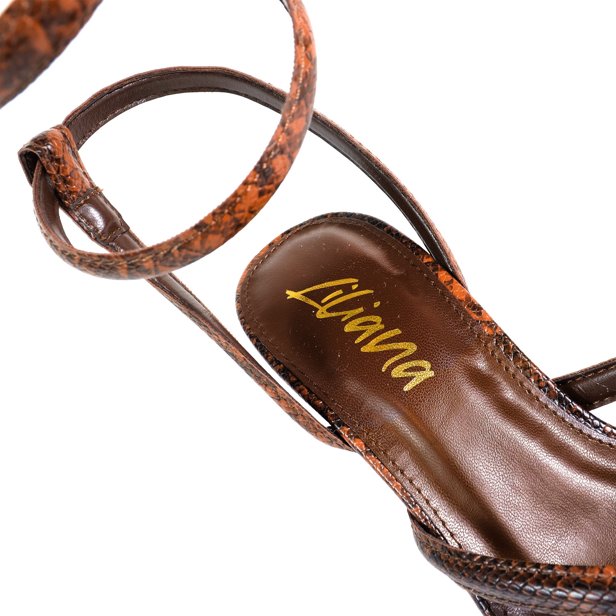 KATHLEEN-1 THONG SPIRAL SANDALS W/ KITTEN HEEL BROWN SNAKE