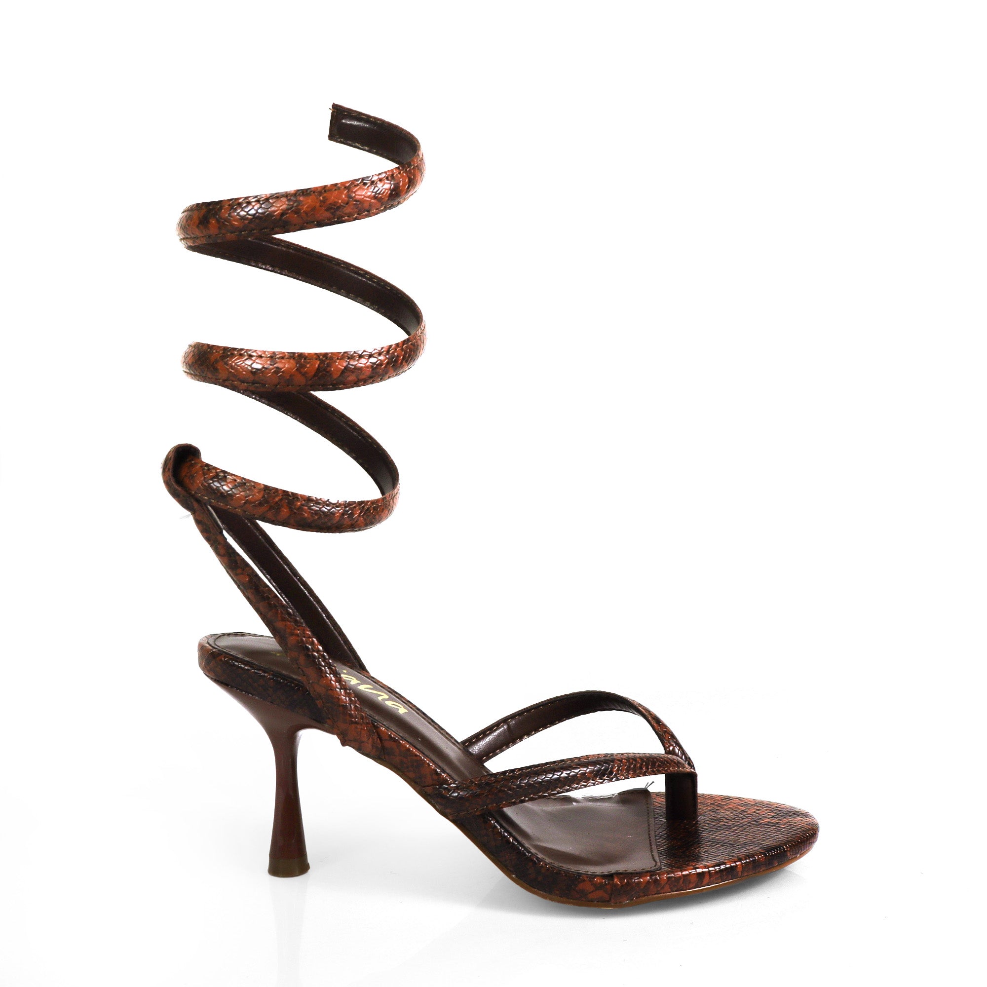 KATHLEEN-1 THONG SPIRAL SANDALS W/ KITTEN HEEL BROWN SNAKE