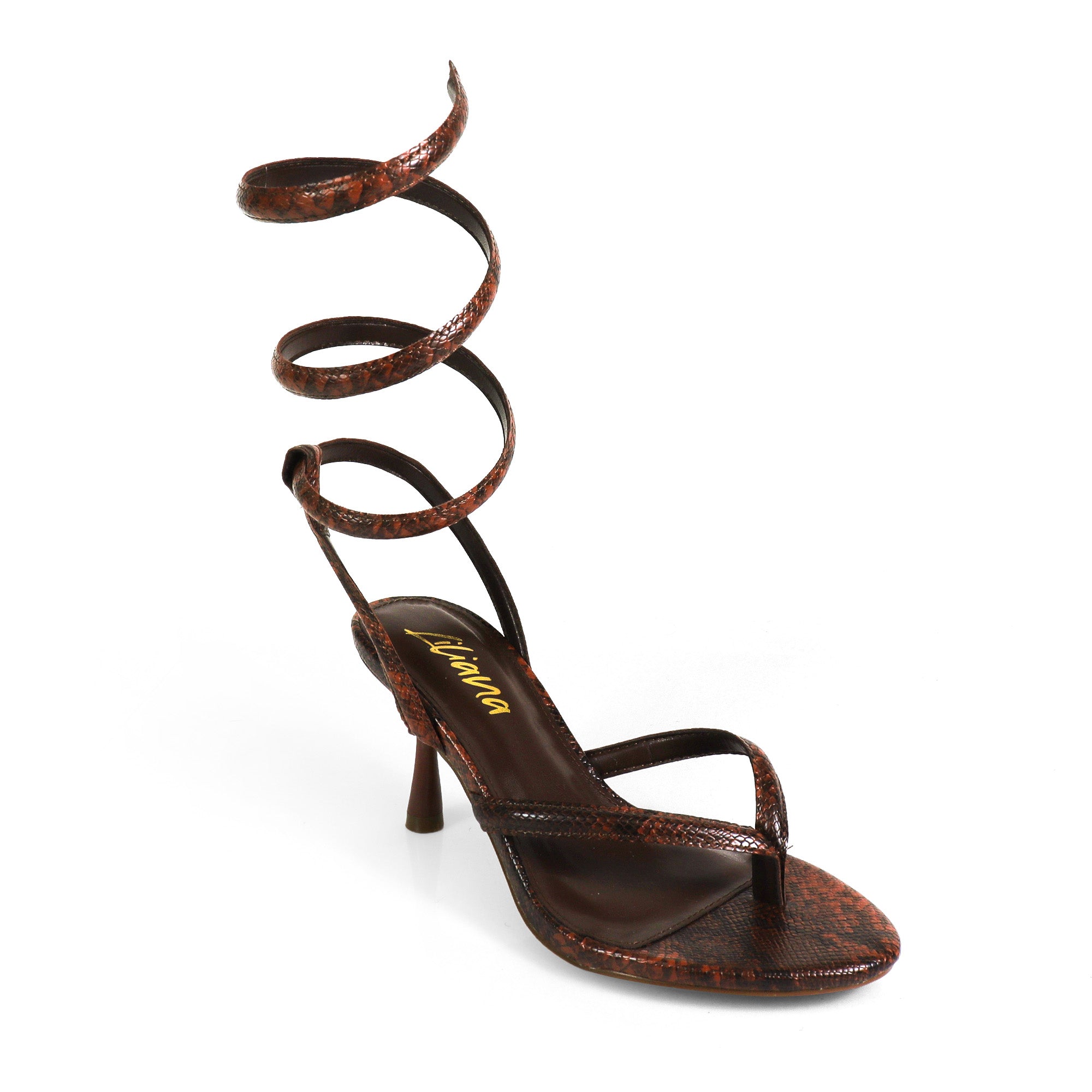 KATHLEEN-1 THONG SPIRAL SANDALS W/ KITTEN HEEL BROWN SNAKE