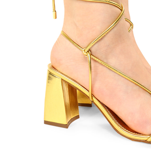 LEANA-25 SQUARED TOE ASSYMETRICAL STRAPPY TIE UP W BLOCK HEEL GOLD