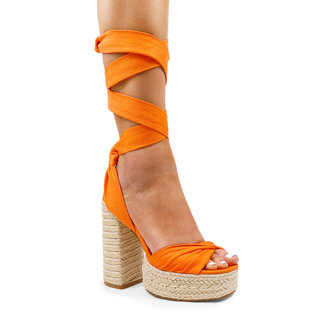 LONDON-3 ESPADRILLE LACE UP SANDAL PLATFORM W/BLOCK HEEL ORANGE