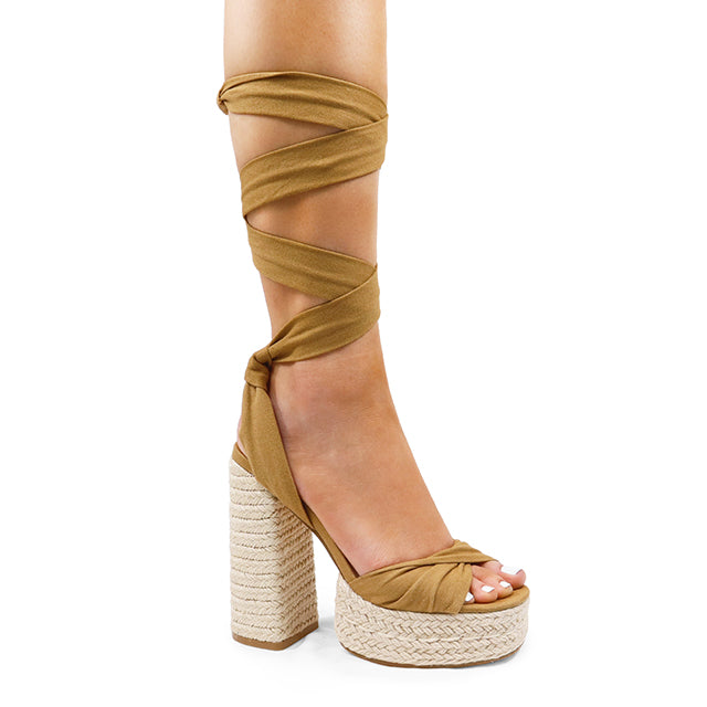 LONDON-3 ESPADRILLE LACE UP SANDAL PLATFORM W/BLOCK HEEL TAN