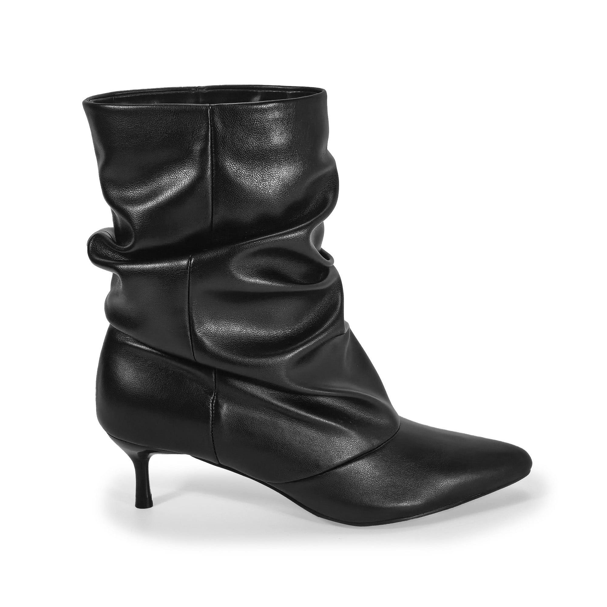 MIARA-1 POINTED TOE SLOUCH BOOTI W/ KITTEN HEEL BLACK PU
