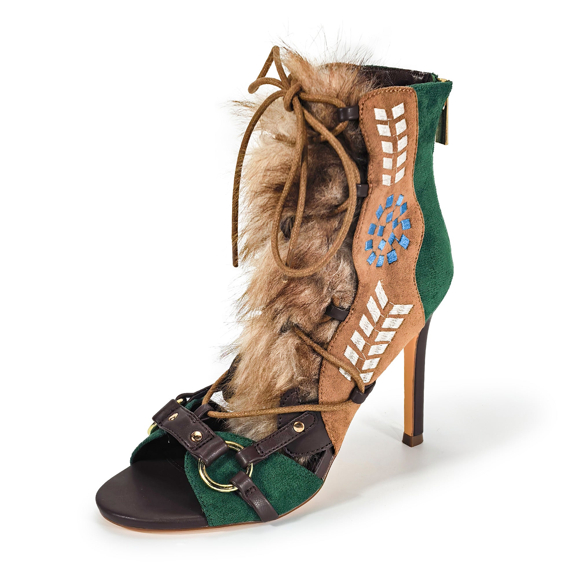 NIKIA-258 GLADIATOR ENDORABLE FUR SANDAL WITH HEEL EMERALD
