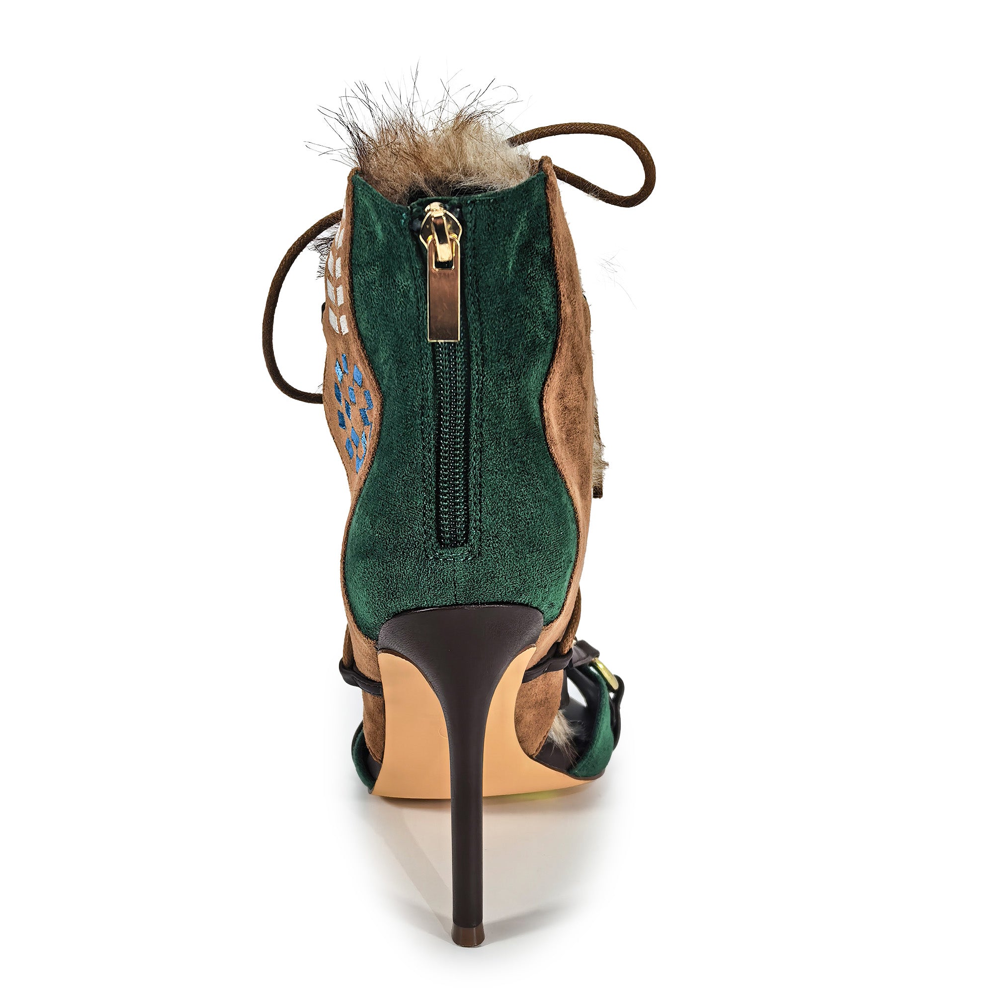 NIKIA-258 GLADIATOR ENDORABLE FUR SANDAL WITH HEEL EMERALD