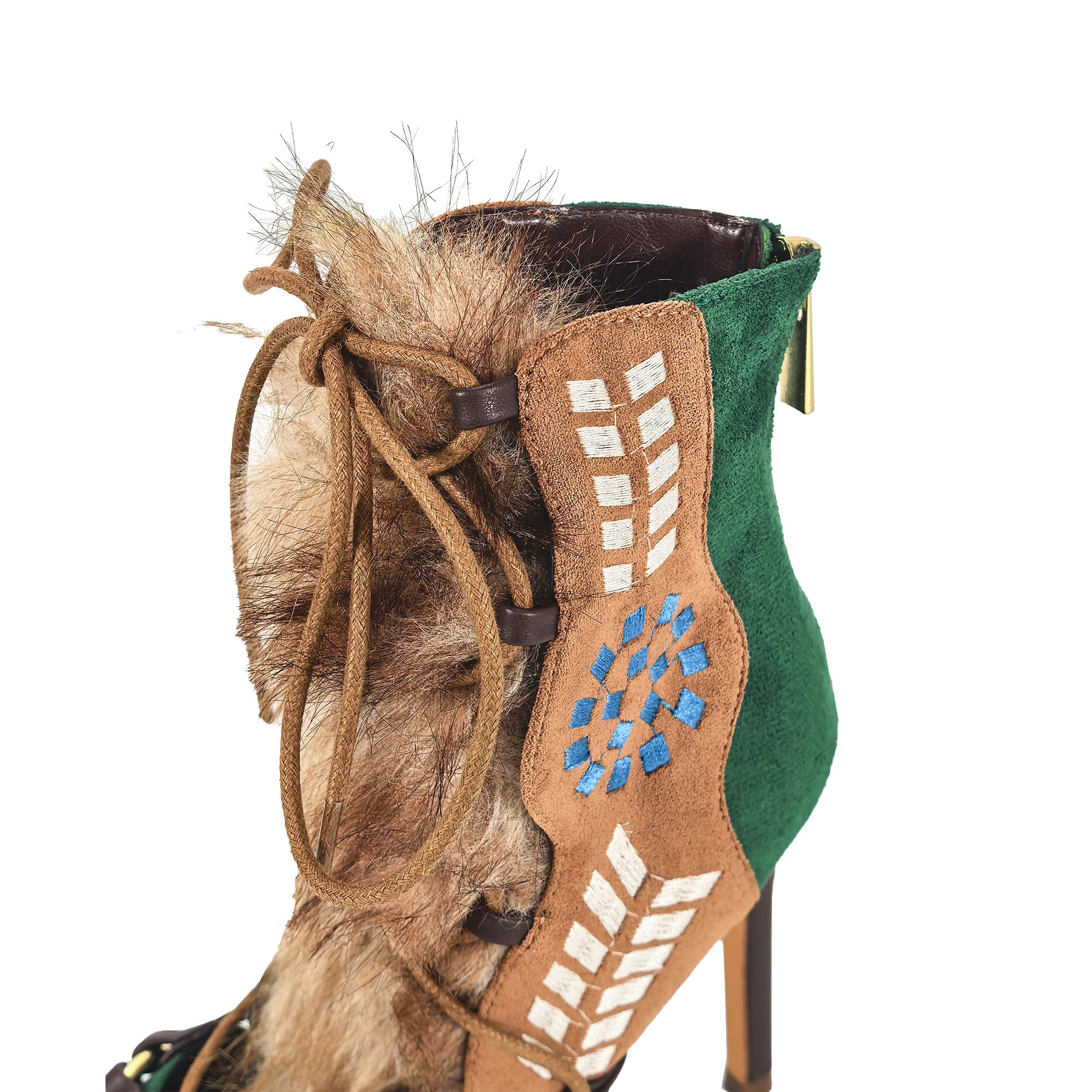 NIKIA-258 GLADIATOR ENDORABLE FUR SANDAL WITH HEEL EMERALD
