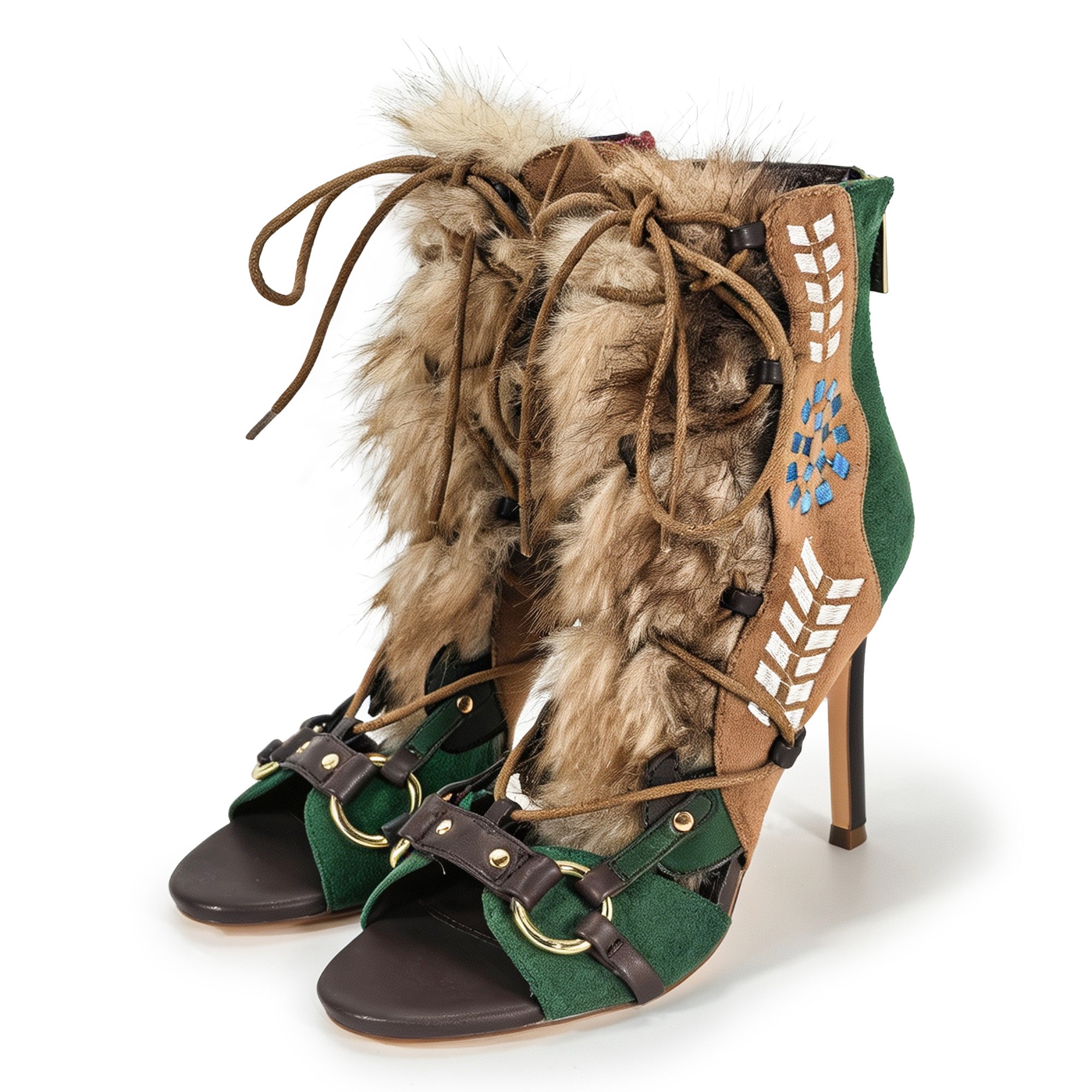 NIKIA-258 GLADIATOR ENDORABLE FUR SANDAL WITH HEEL EMERALD