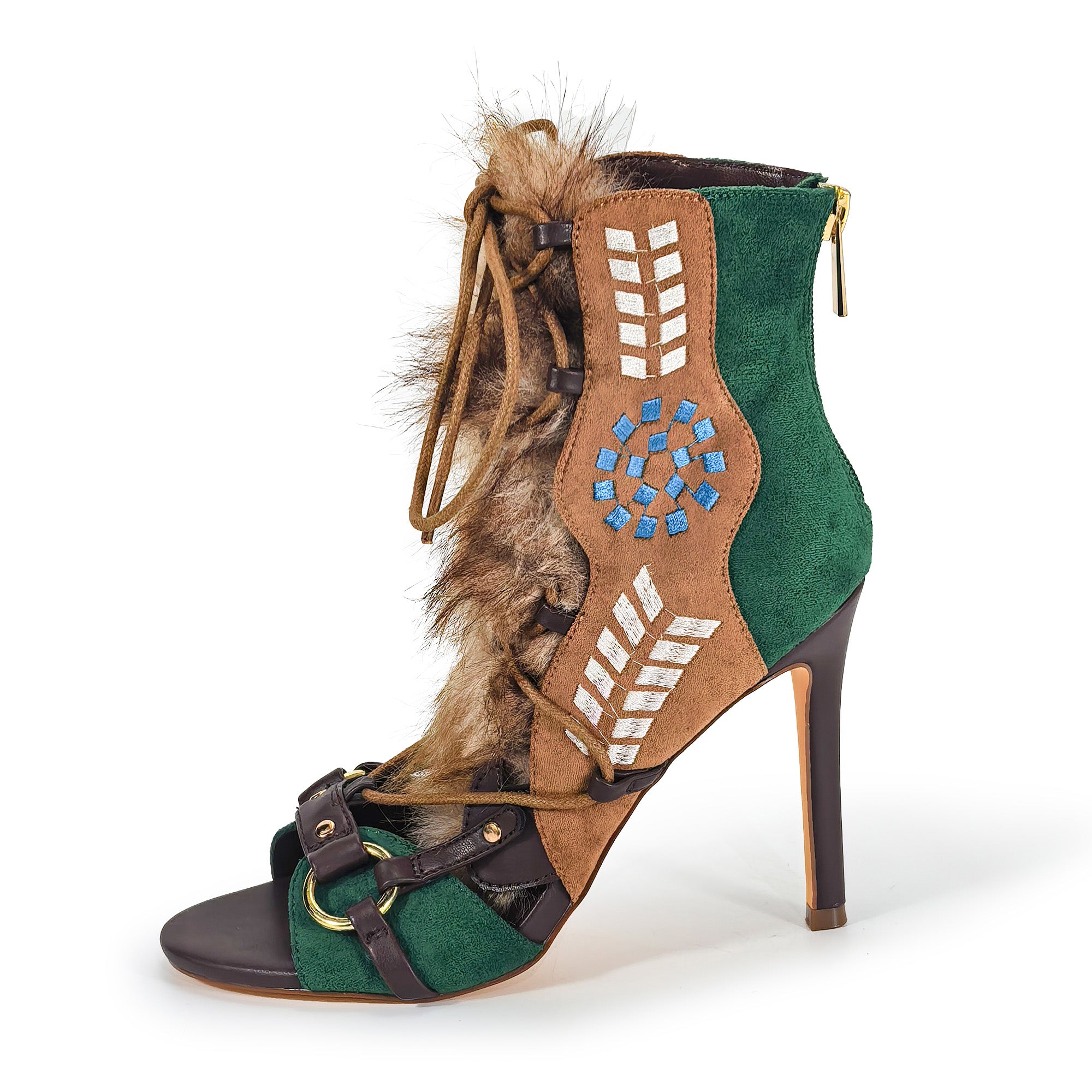 NIKIA-258 GLADIATOR ENDORABLE FUR SANDAL WITH HEEL EMERALD