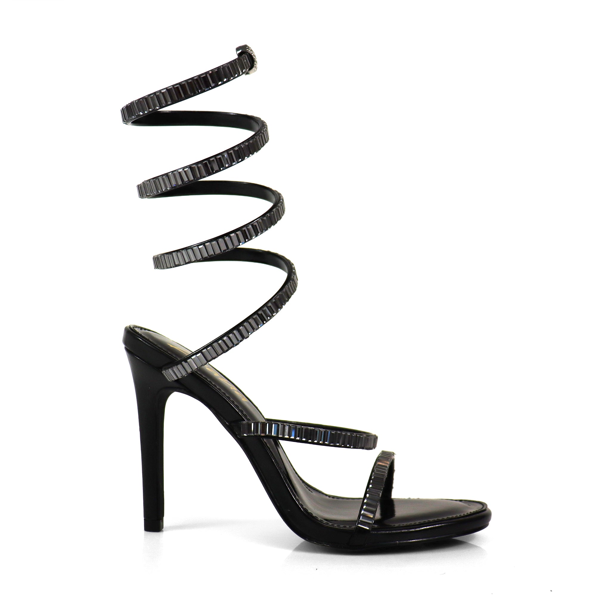 NIKIA-269 JEWELED SPIRAL COIL WRAP UP SANDAL W/ HEEL BLACK