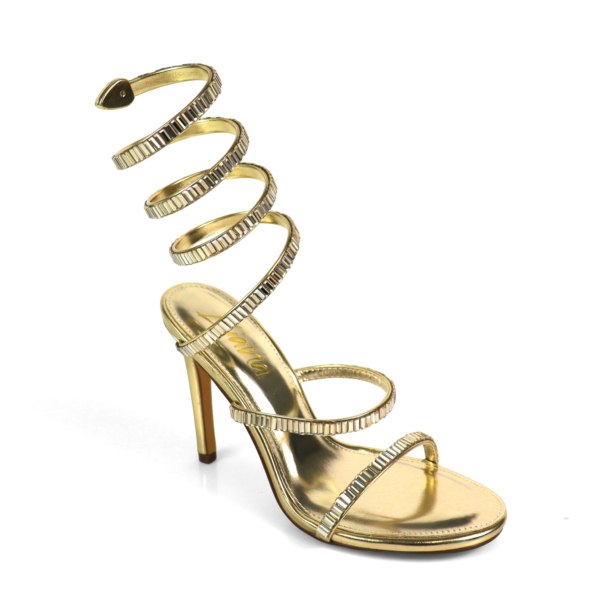 NIKIA-269 JEWELED SPIRAL COIL WRAP UP SANDAL W/ HEEL GOLD