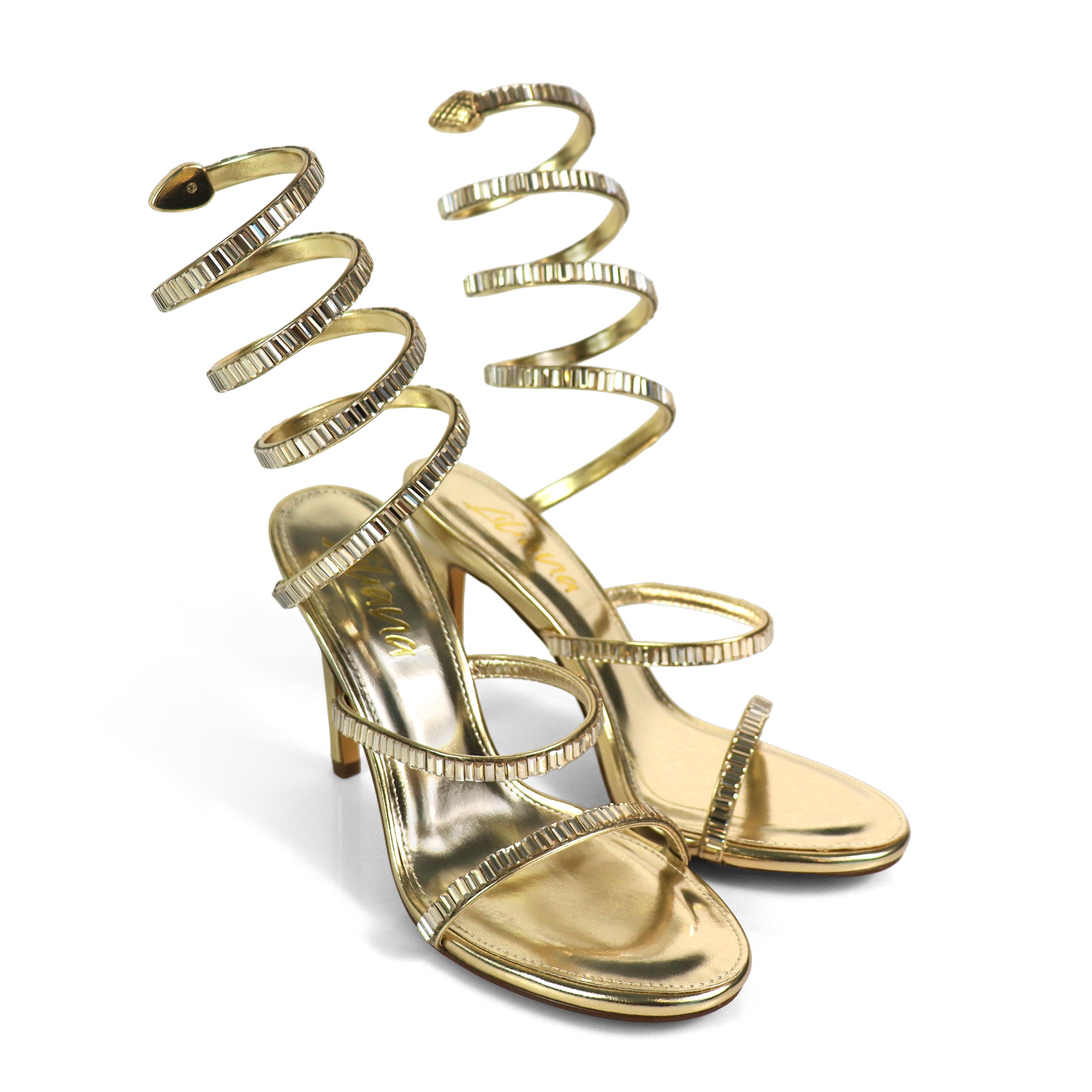 NIKIA-269 JEWELED SPIRAL COIL WRAP UP SANDAL W/ HEEL GOLD
