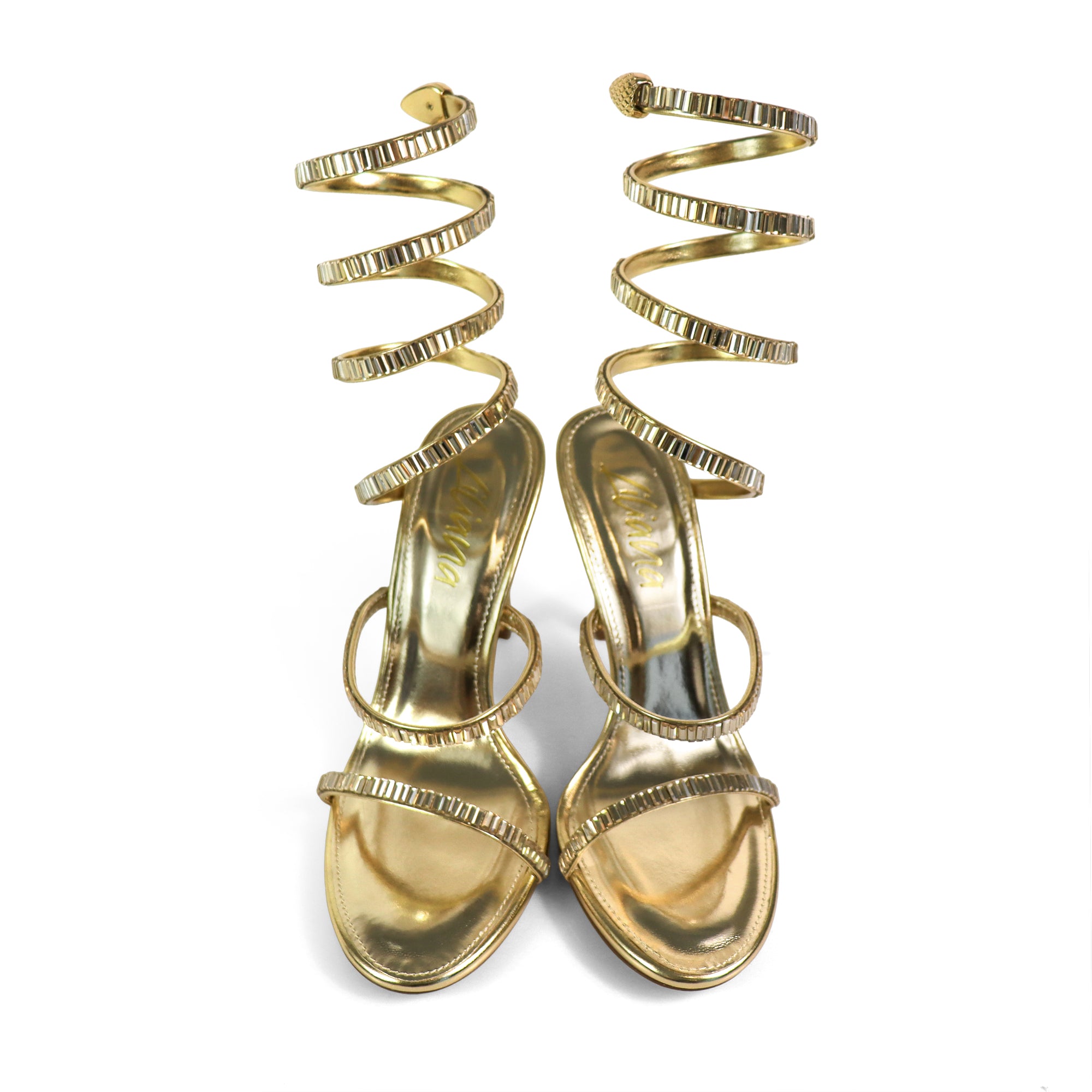 NIKIA-269 JEWELED SPIRAL COIL WRAP UP SANDAL W/ HEEL GOLD