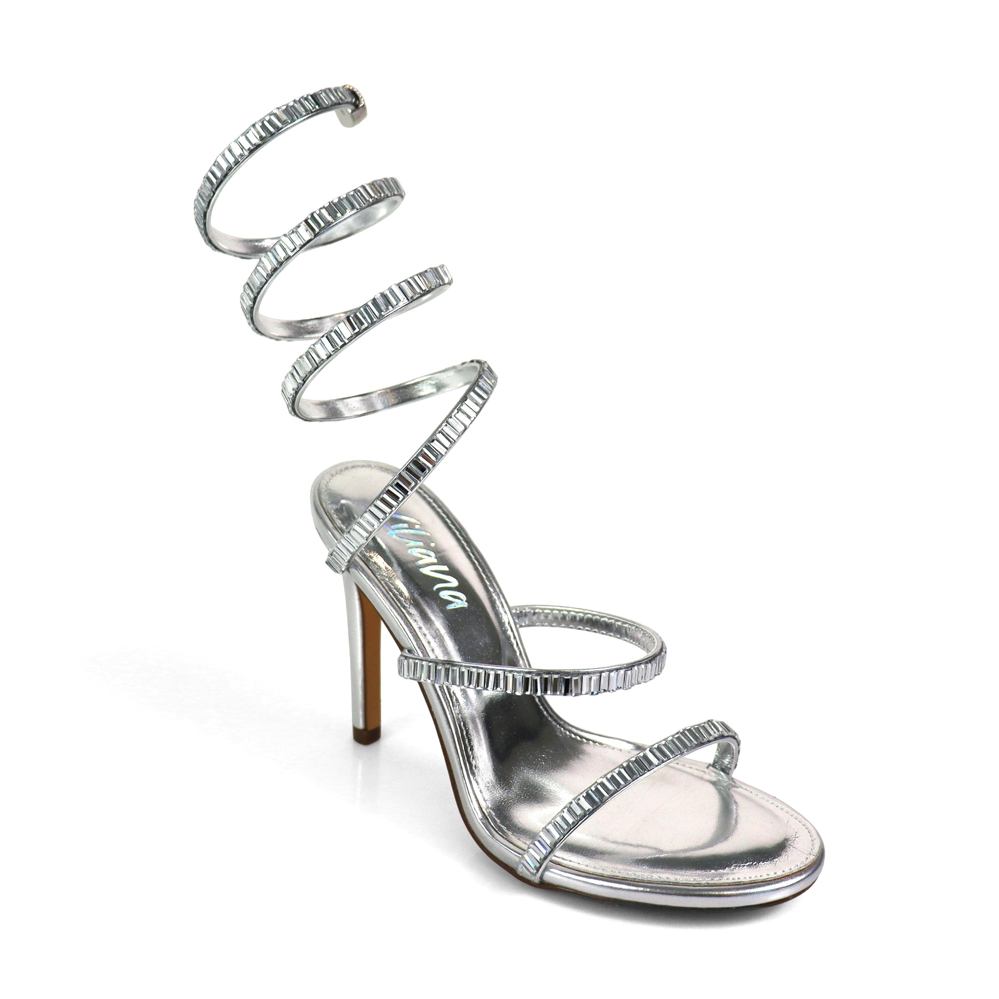 NIKIA-269 JEWELED SPIRAL COIL WRAP UP SANDAL W/ HEEL SILVER