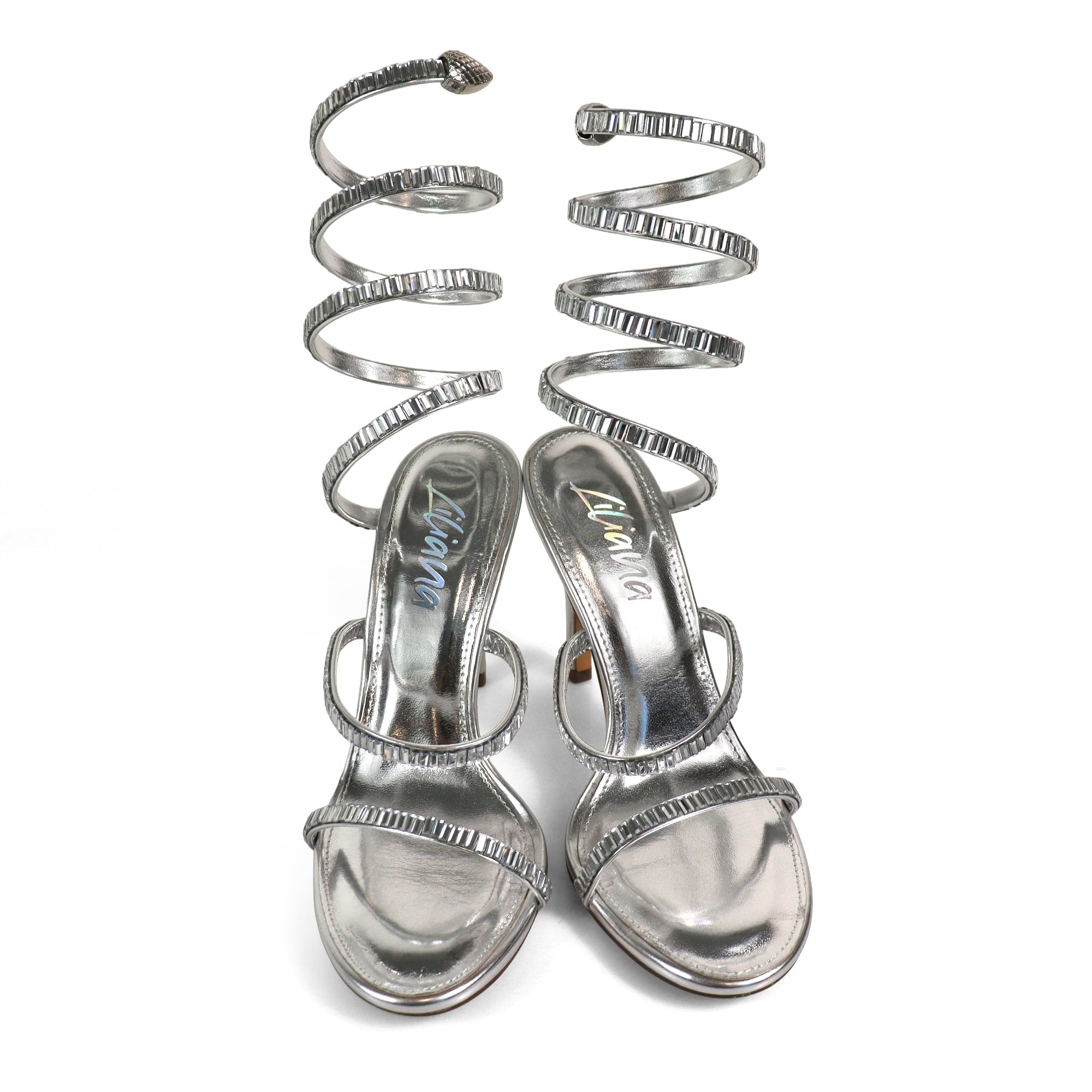 NIKIA-269 JEWELED SPIRAL COIL WRAP UP SANDAL W/ HEEL SILVER
