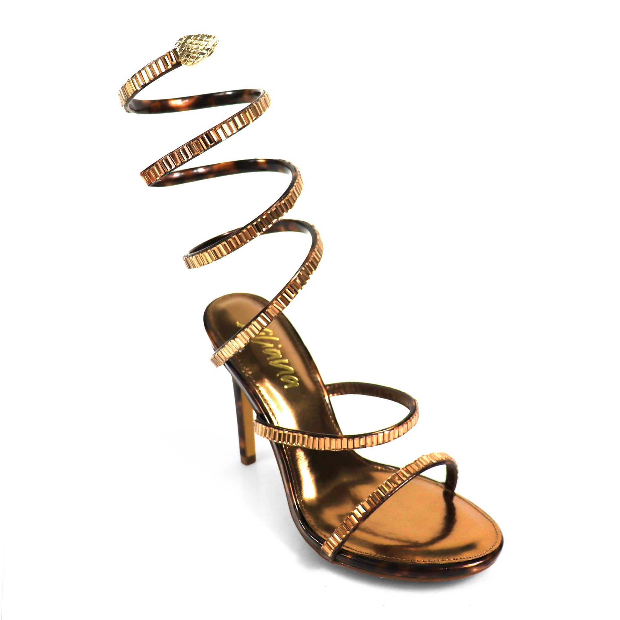 NIKIA-269 JEWELED SPIRAL COIL WRAP UP SANDAL W/ HEEL TORTOISE