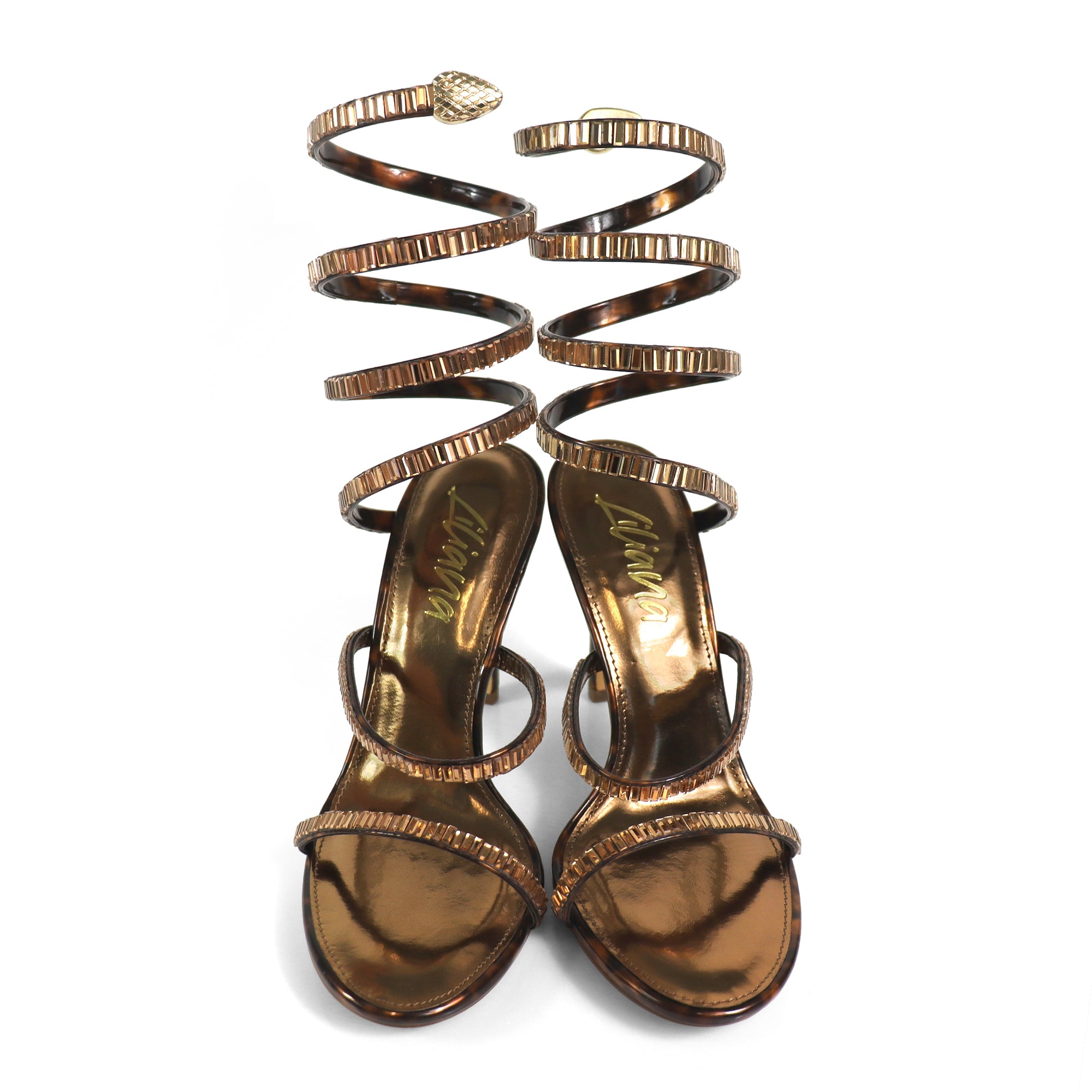 NIKIA-269 JEWELED SPIRAL COIL WRAP UP SANDAL W/ HEEL TORTOISE