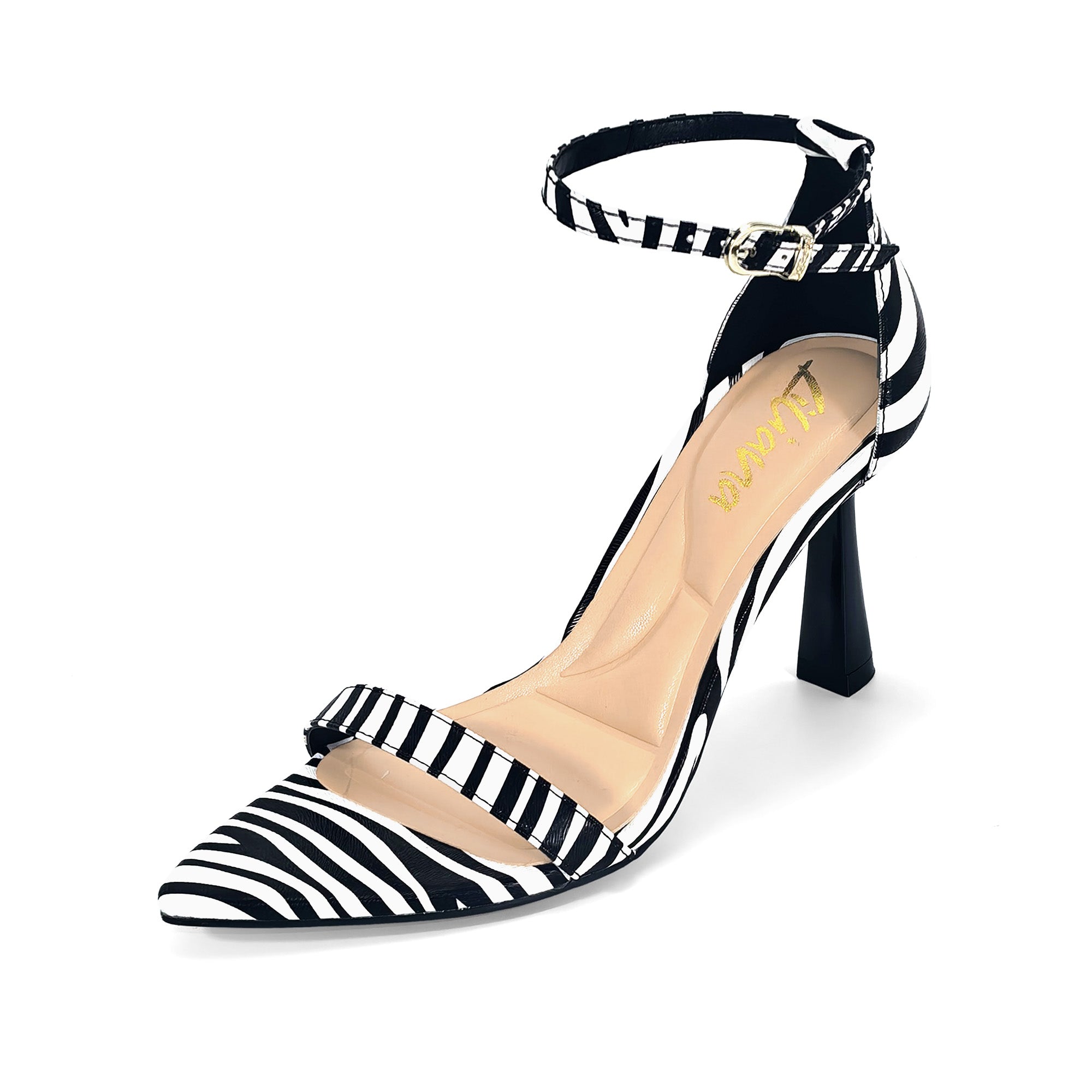 PAULINE-2 POINTED TOE ANCKLE STRAP SANDAL W/ HEEL, ZEBRA