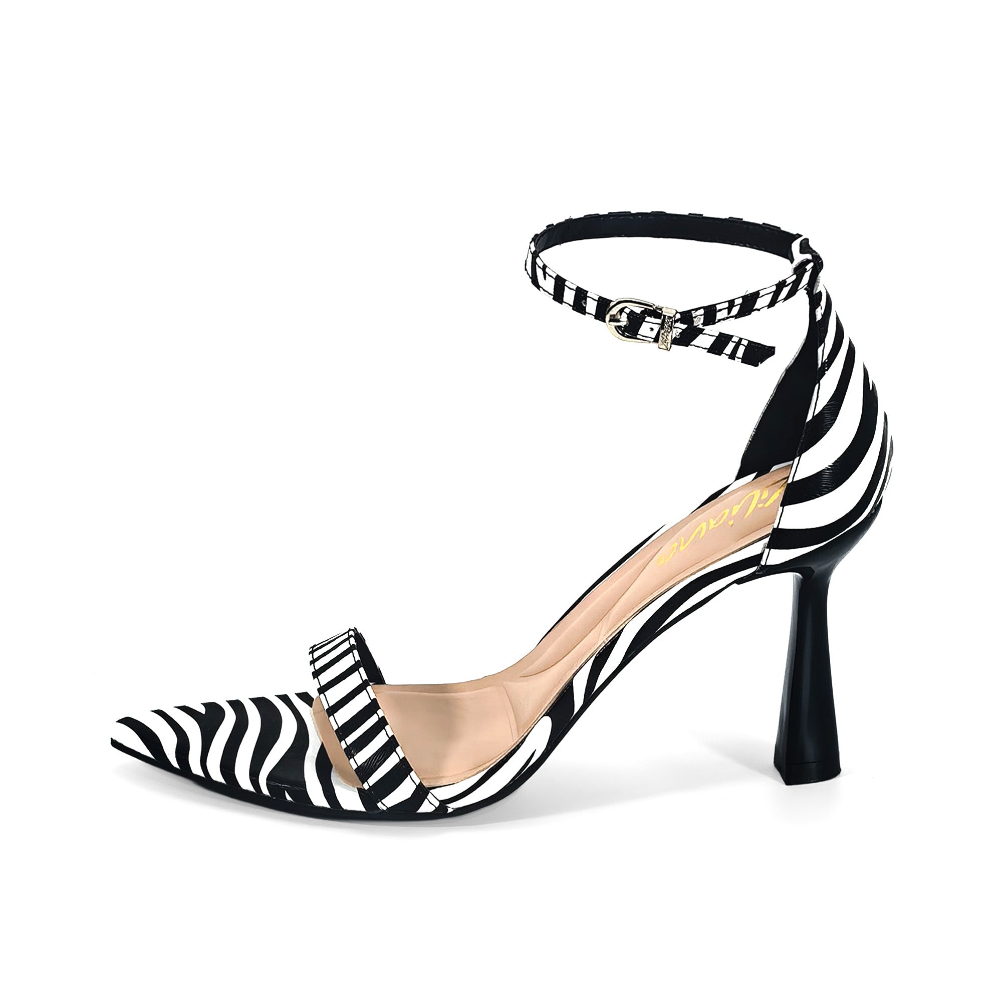 PAULINE-2 POINTED TOE ANCKLE STRAP SANDAL W/ HEEL, ZEBRA