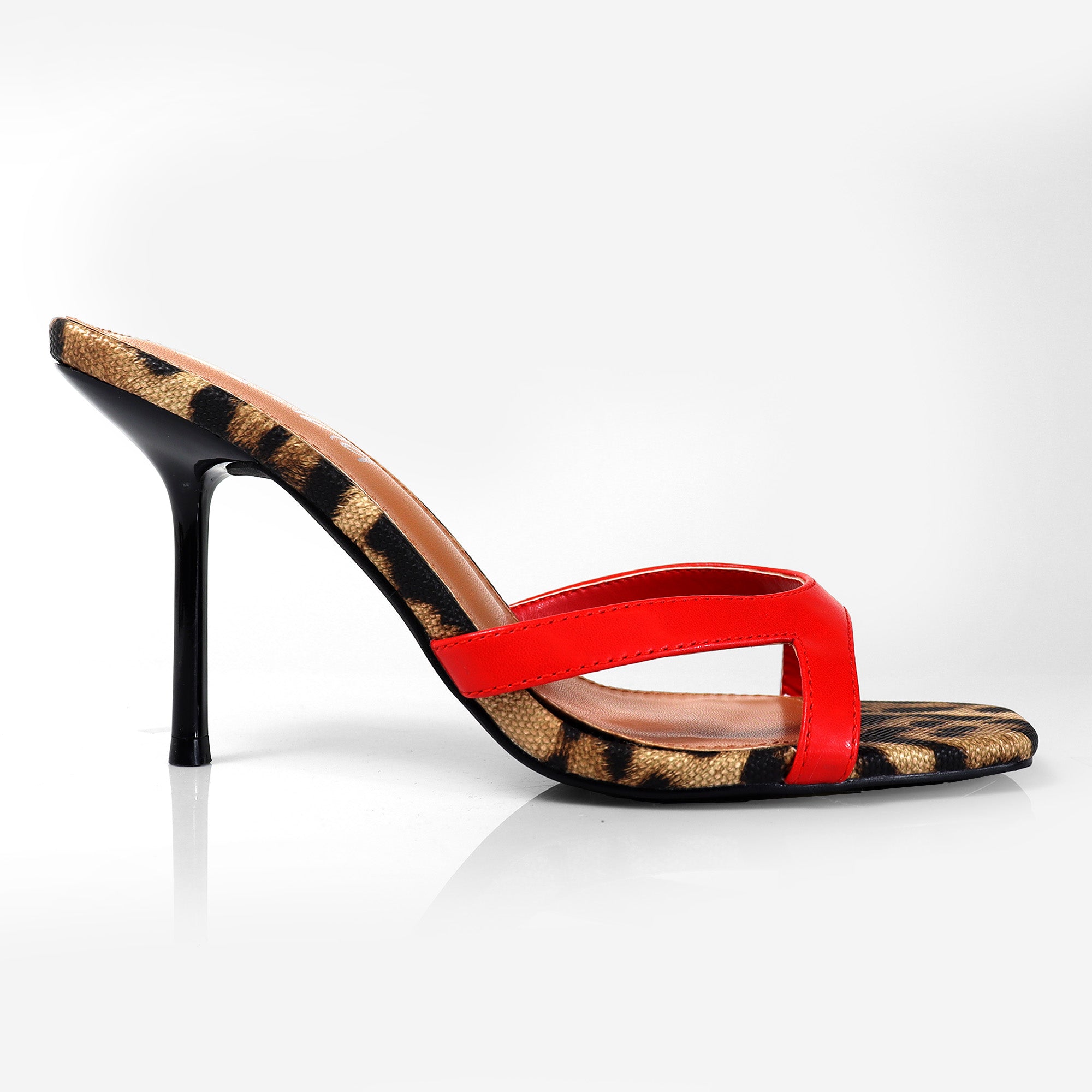 RUTH-2 SQUARED OPEN TOE PATENT MULE W/ PENCIL MID HIGH HEEL RED