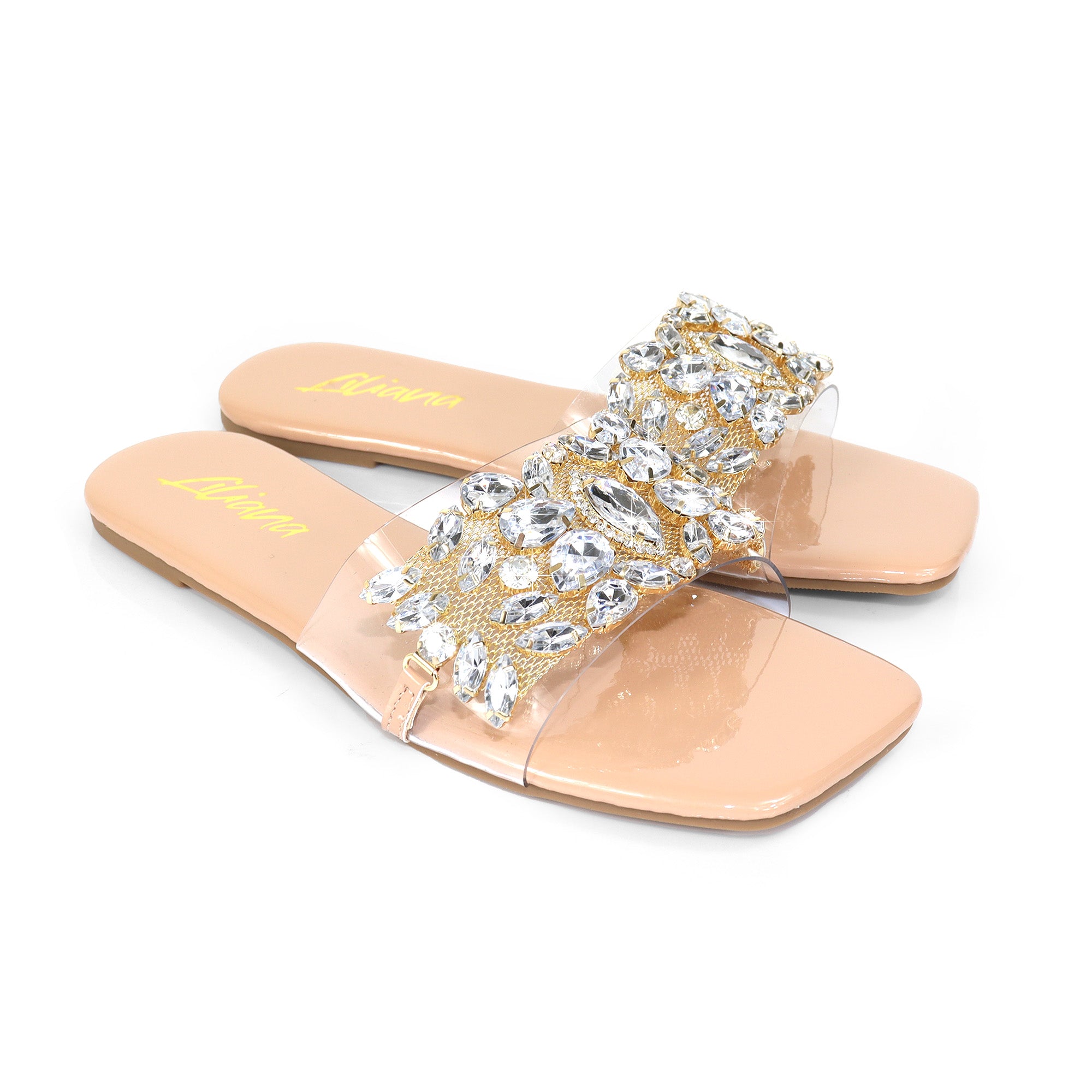 SHINEE-142 SQUARED TOE RHINSTONE SANDAL NUDE