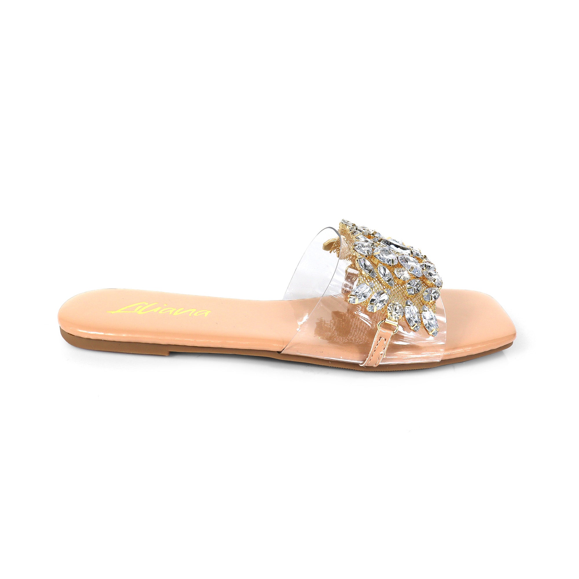 SHINEE-142 SQUARED TOE RHINSTONE SANDAL NUDE