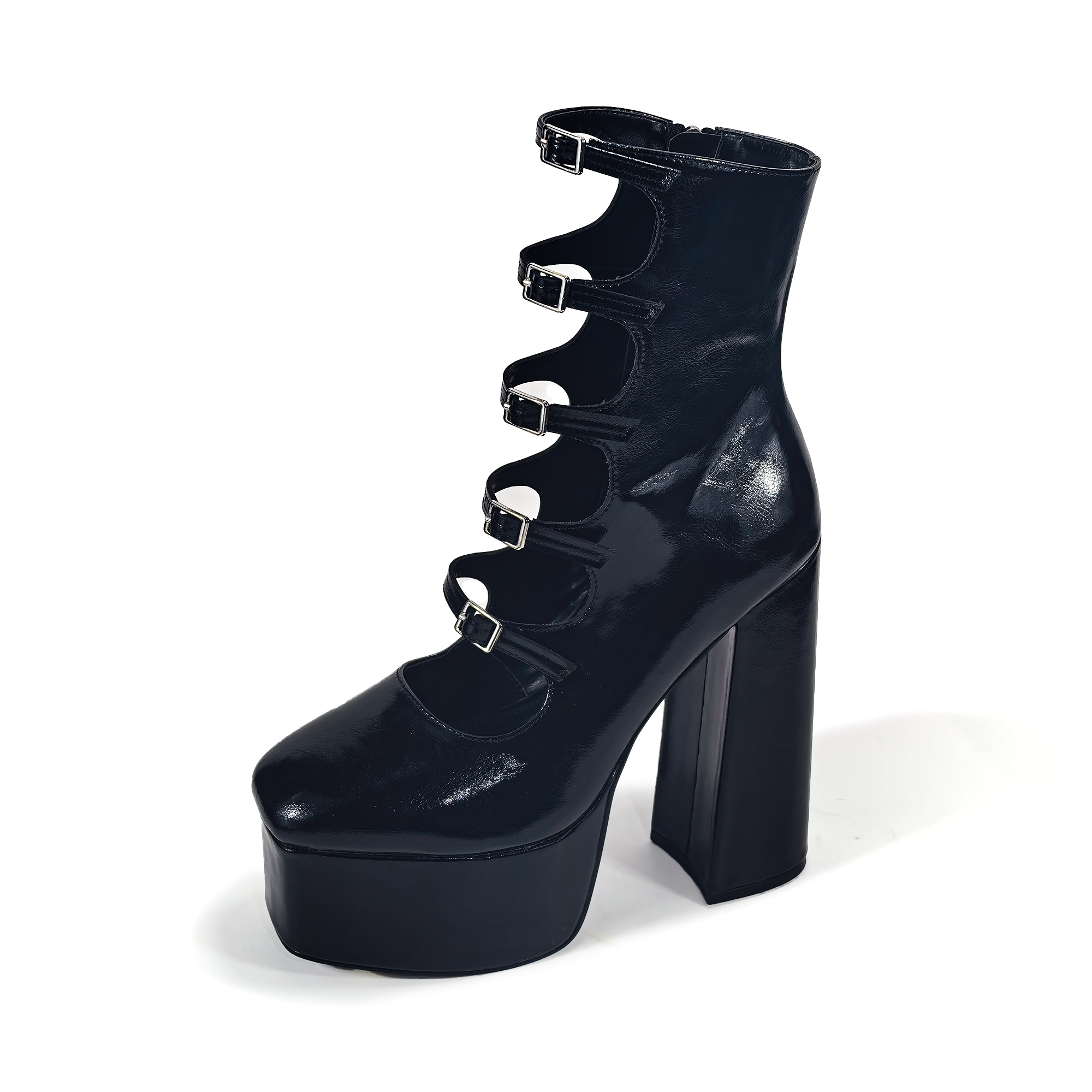 SIMONE-22 CIRCULAR CUTOUTS & BUCKLES PLATFORM BOOTIES W/ HEEL BLACK