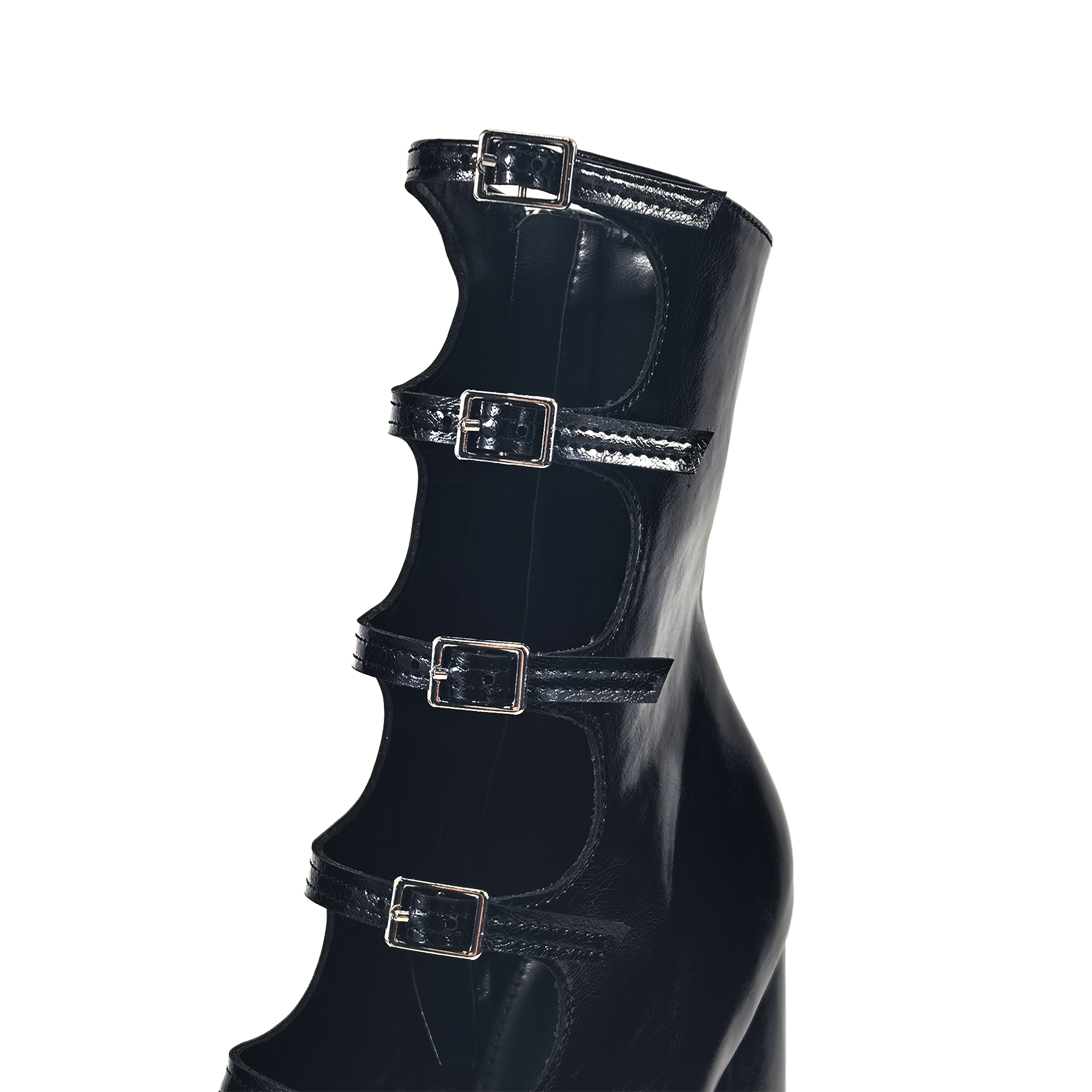 SIMONE-22 CIRCULAR CUTOUTS & BUCKLES PLATFORM BOOTIES W/ HEEL BLACK